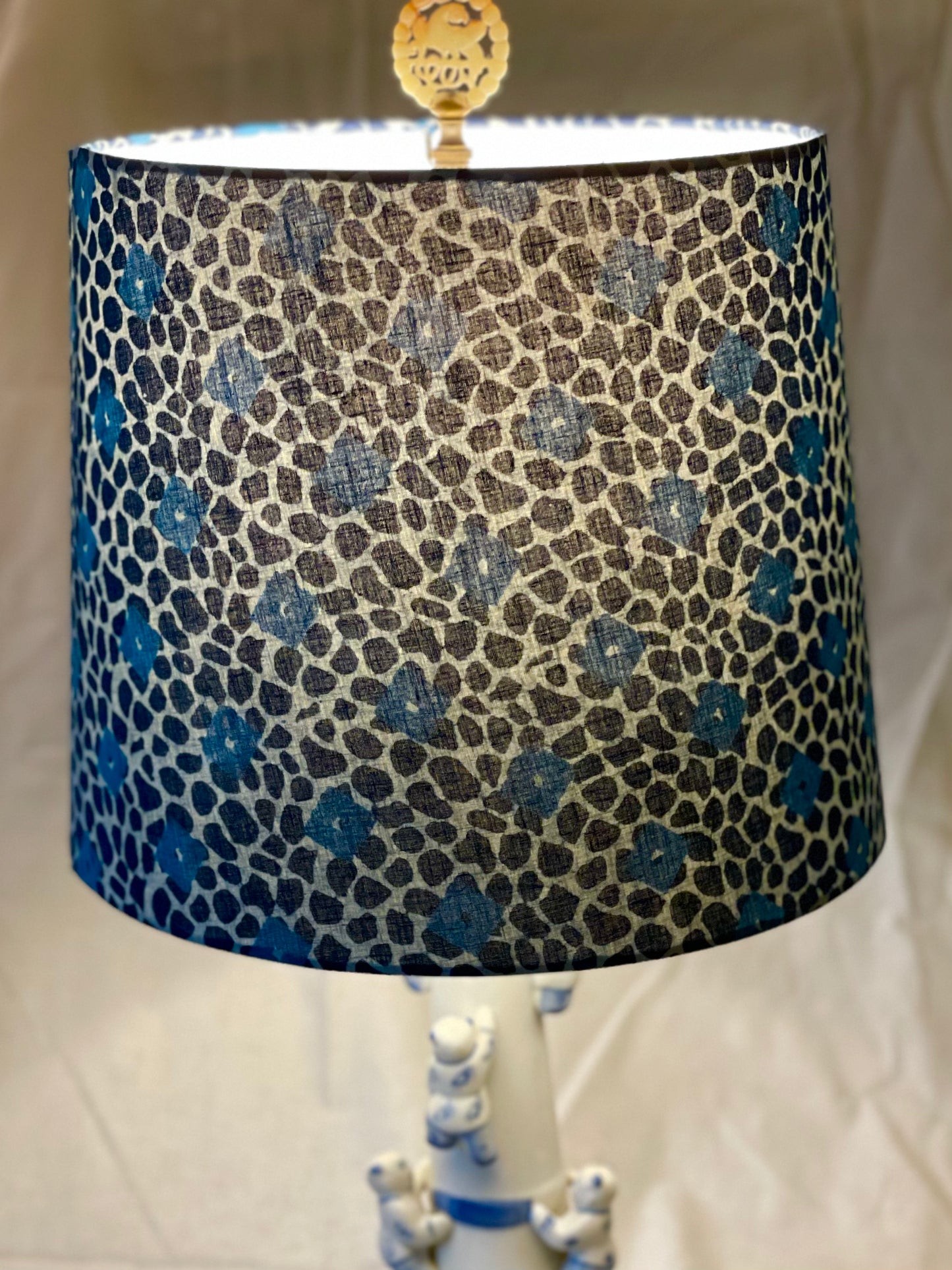 Medium Empire Lampshade. 10 x 11.75 x 10. Indigo Batik Floral. Playful Cheetah with Geometric Block.