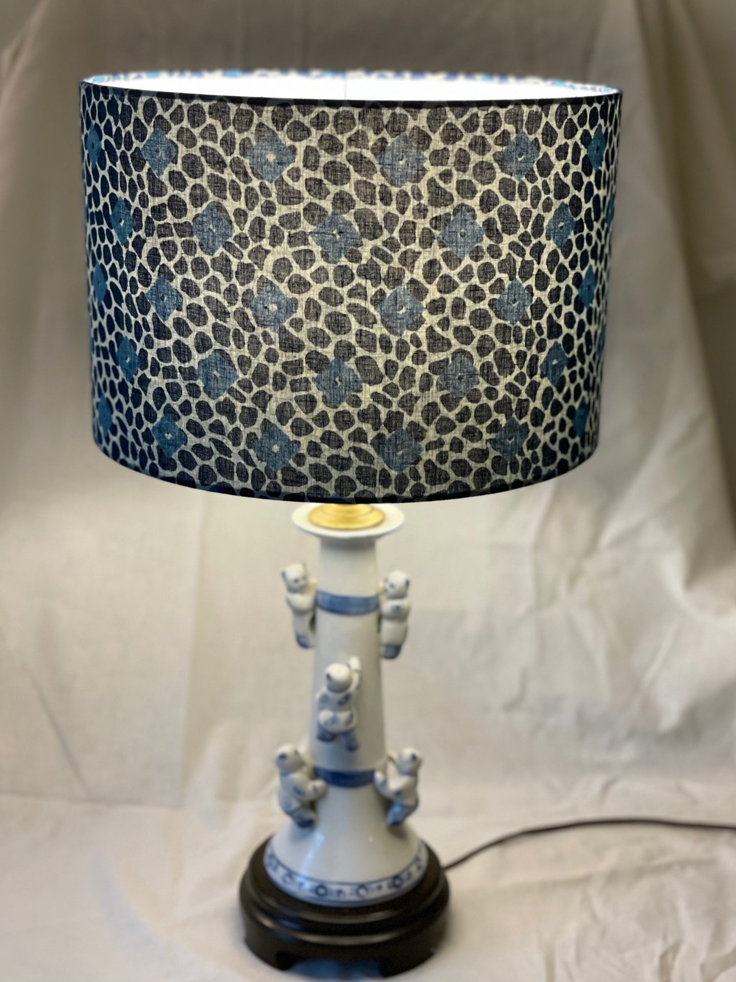12 Inch Drum Lampshade. Indigo Batik Floral. Playful Cheetah with Geometric Block.