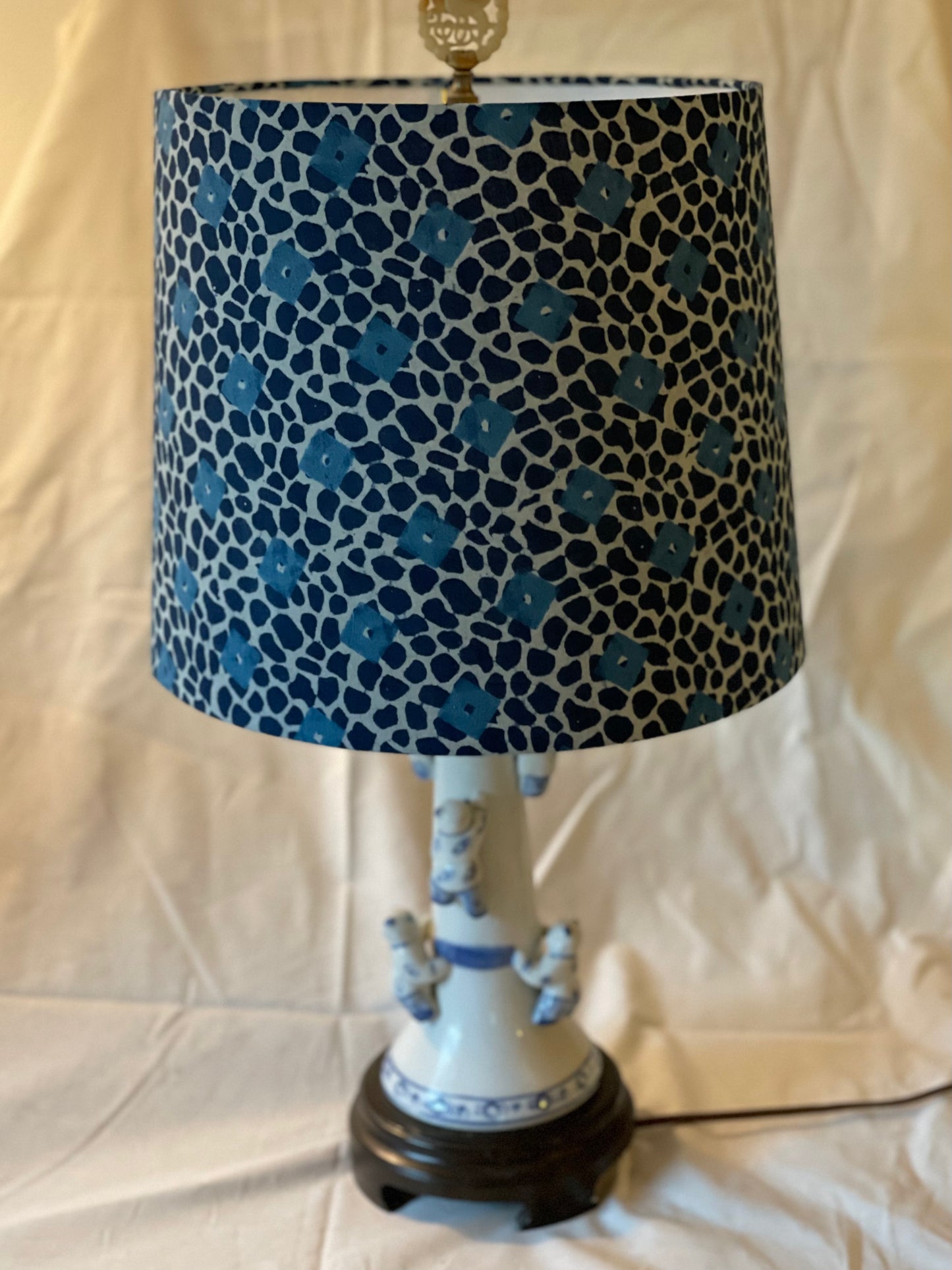 Medium Empire Lampshade. 10 x 11.75 x 10. Indigo Batik Floral. Playful Cheetah with Geometric Block.