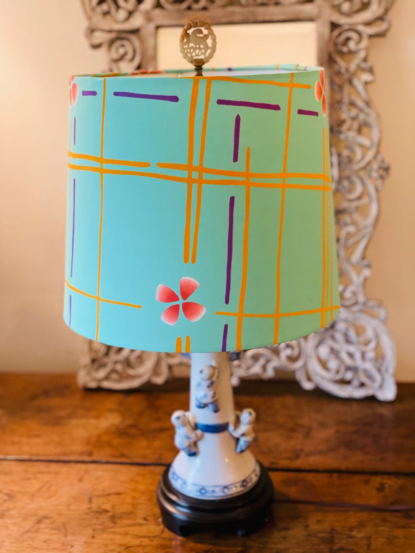 Medium Empire Lampshade. Japanese Summer Kimono Fabric. Rare and Vintage. Minty Turquoise with Rose, Goldenrod and Purple Detail.