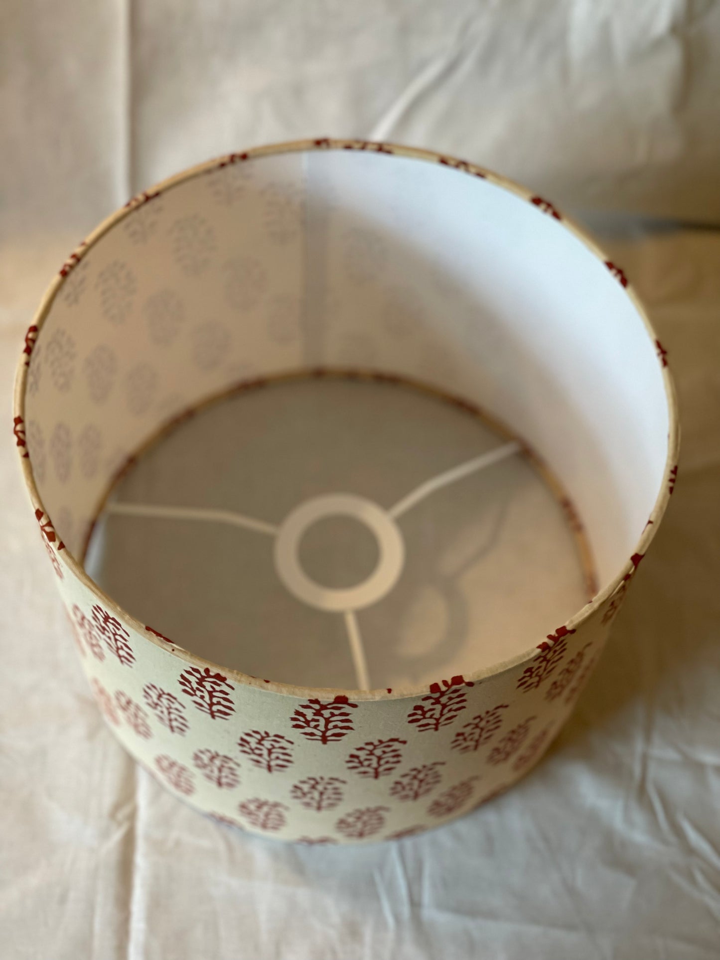 10 inch Drum Lampshade. Indian Block print from Jaipur. Maroon Motif on Ecru.