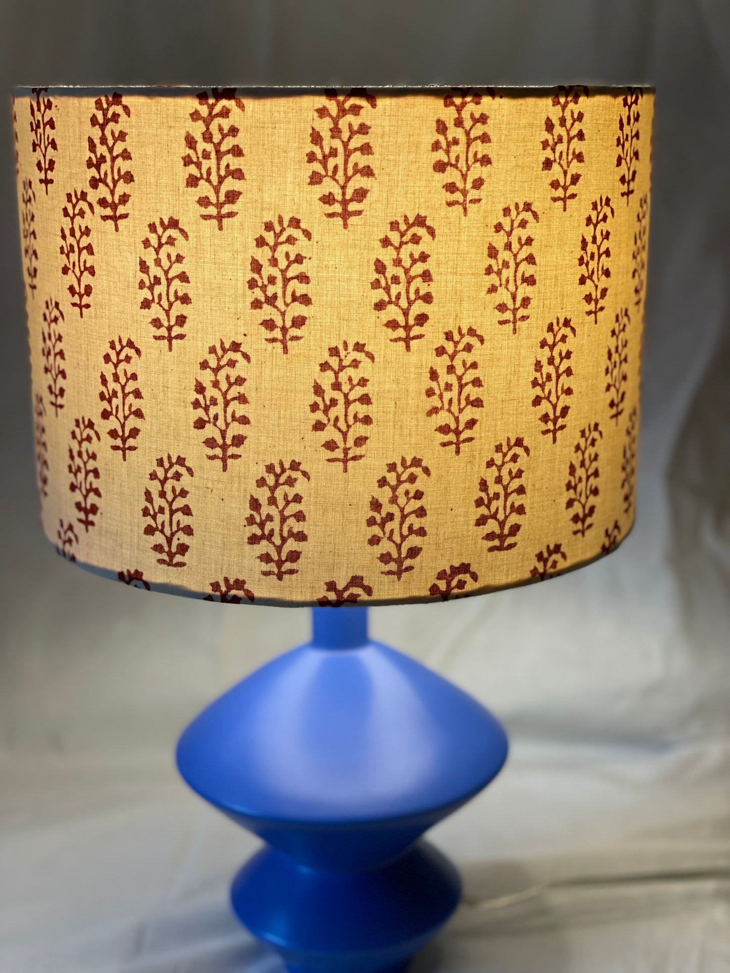 10 inch Drum Lampshade. Indian Block print from Jaipur. Maroon Motif on Ecru.