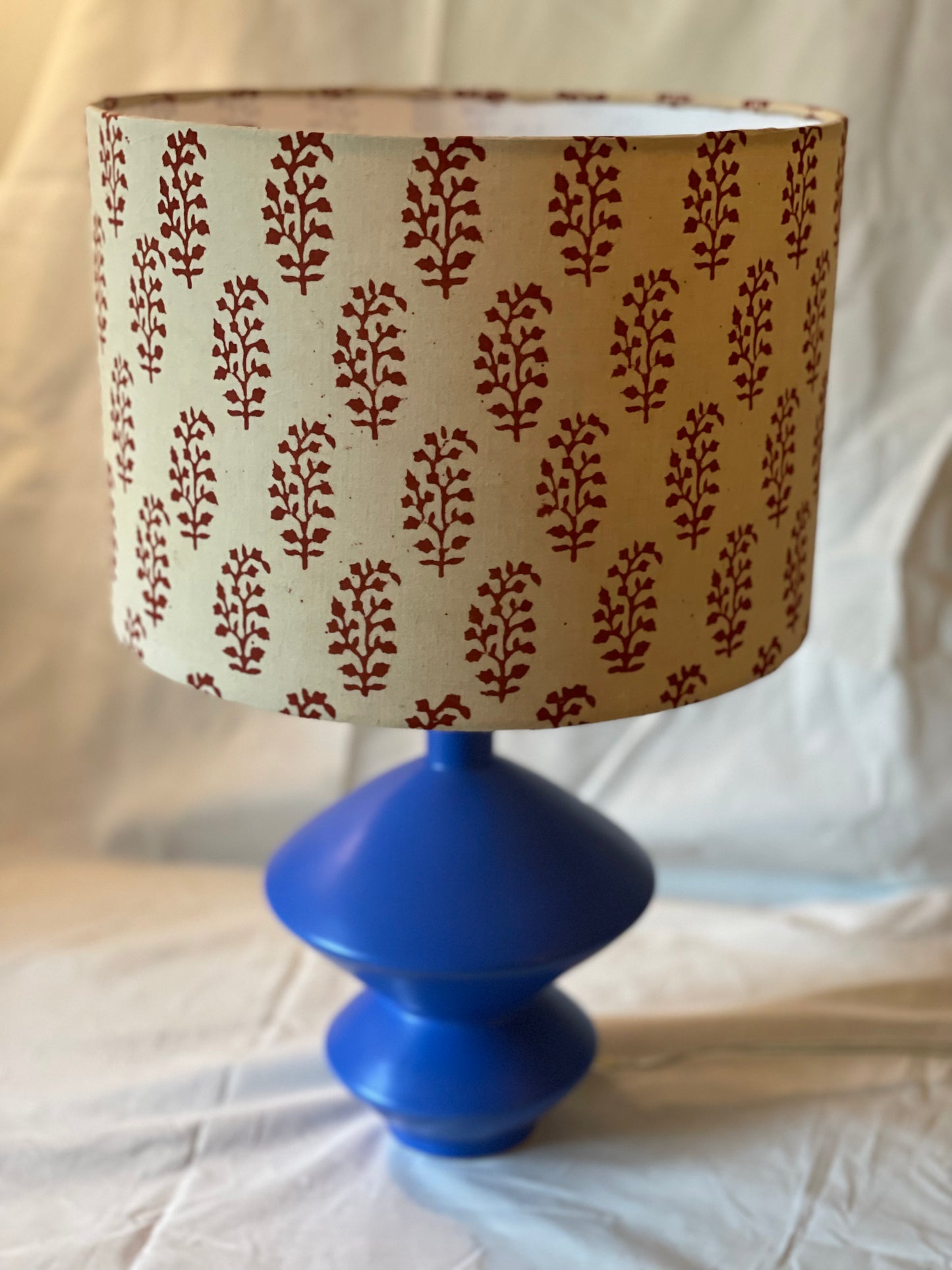 10 inch Drum Lampshade. Indian Block print from Jaipur. Maroon Motif on Ecru.
