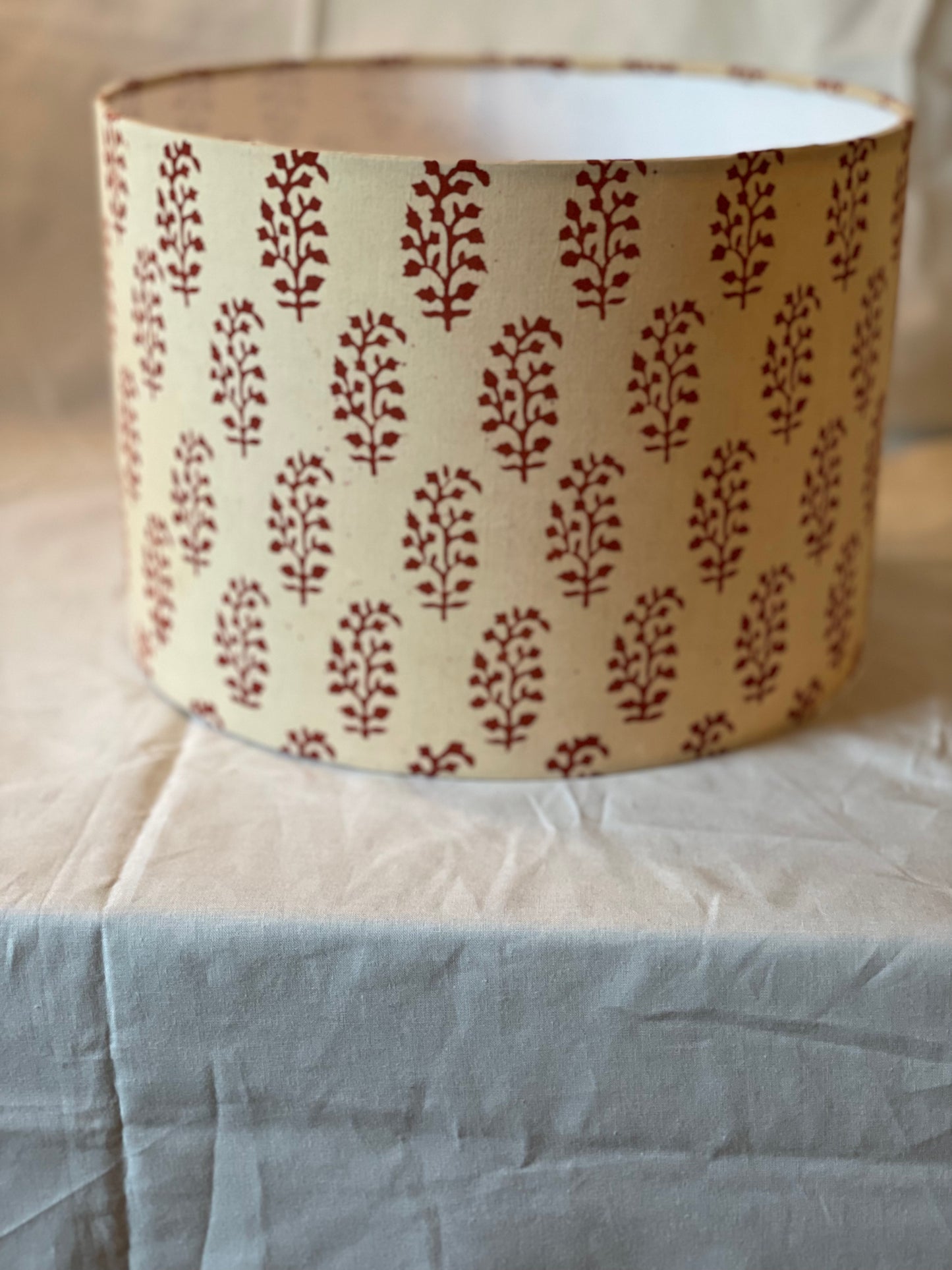 10 inch Drum Lampshade. Indian Block print from Jaipur. Maroon Motif on Ecru.