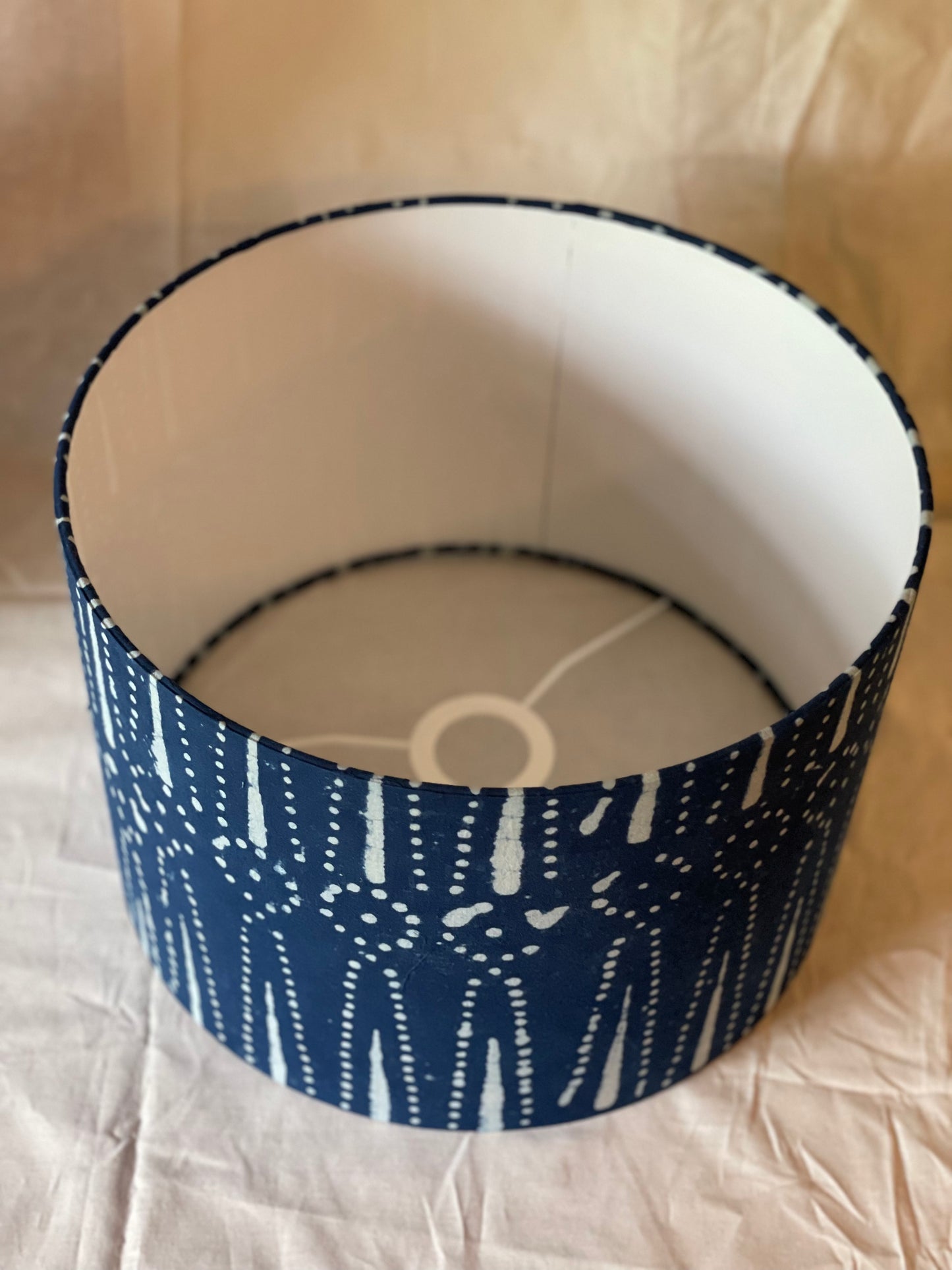 12 Inch Drum Lampshade. Indigo Hand Batik. Dot and Arrow Motif.