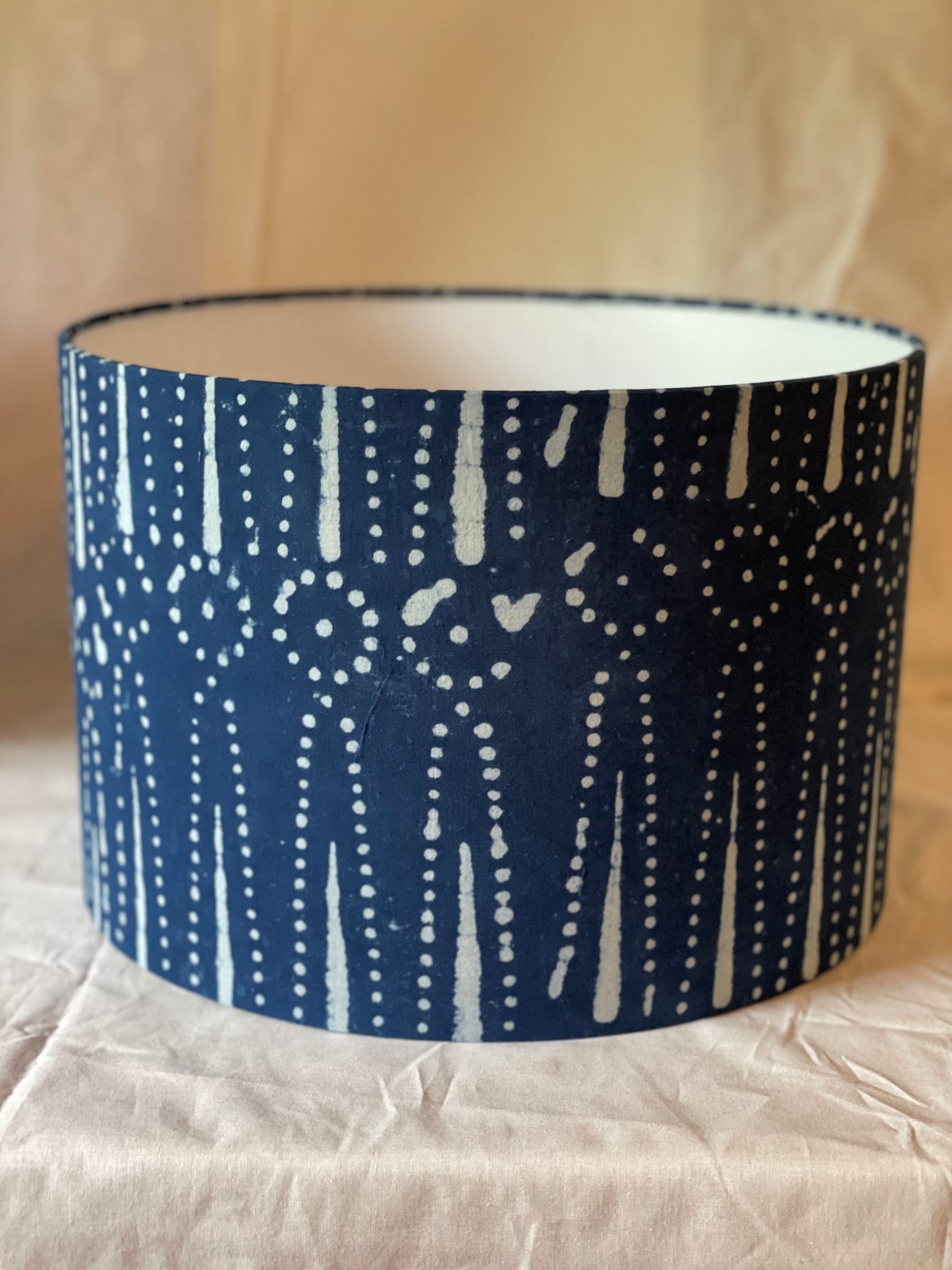 12 Inch Drum Lampshade. Indigo Hand Batik. Dot and Arrow Motif.