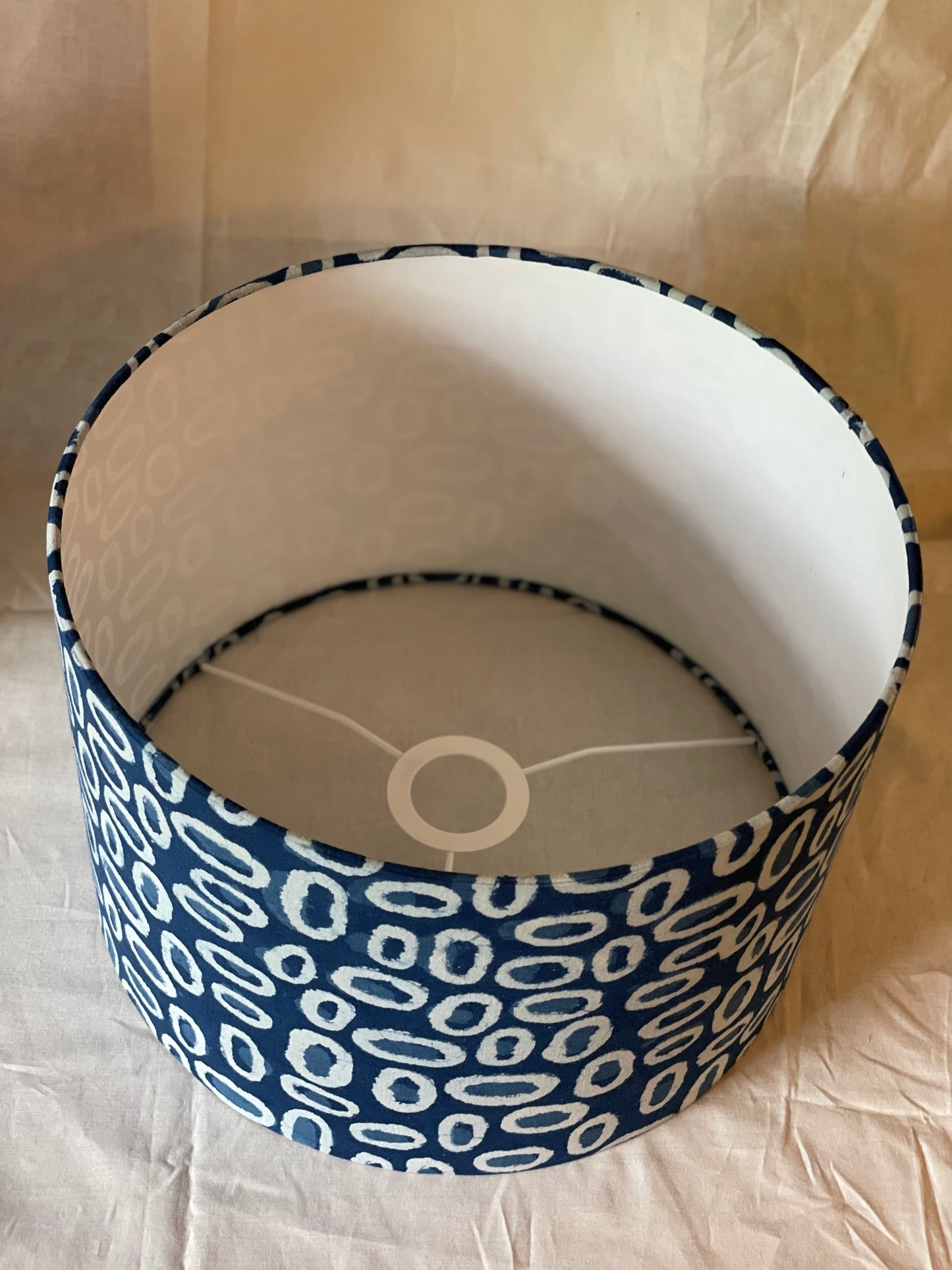 12 Inch Drum Lamphade. Indigo Hand Batik. Painterly Ovals.
