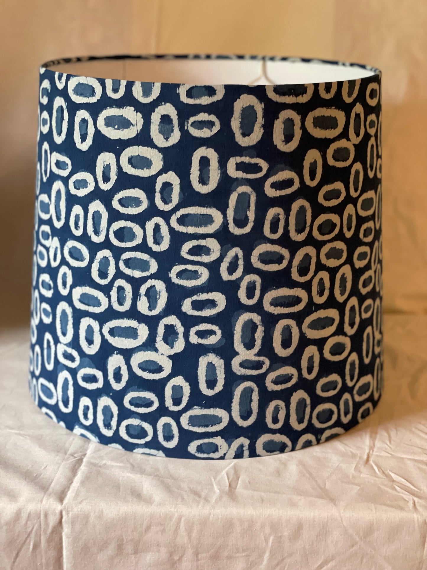 Large Empire Shade. 11.75 x 13.75 x 11.75. Indigo Hand Batik. Painterly Ovals.