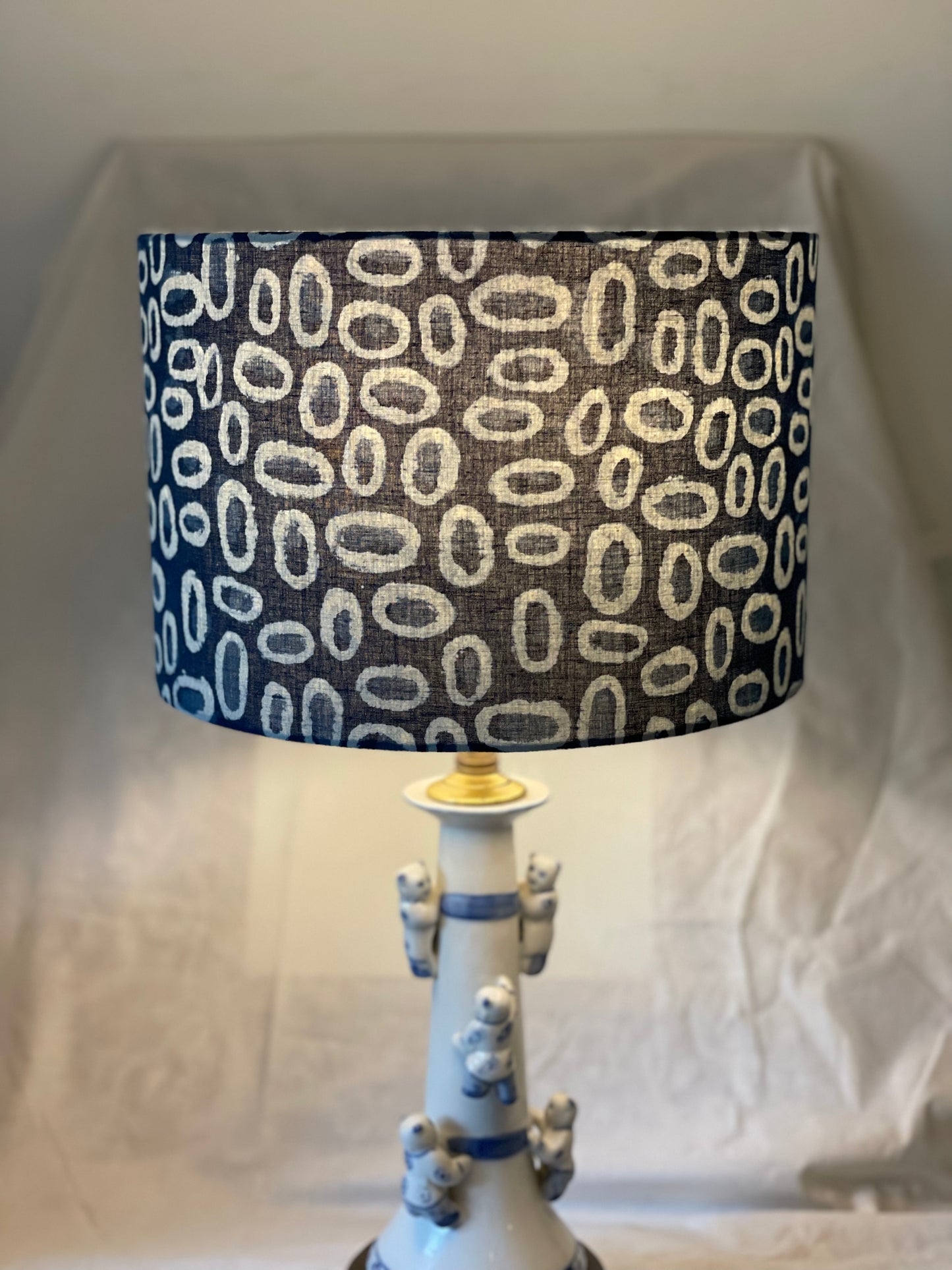 12 Inch Drum Lamphade. Indigo Hand Batik. Painterly Ovals.