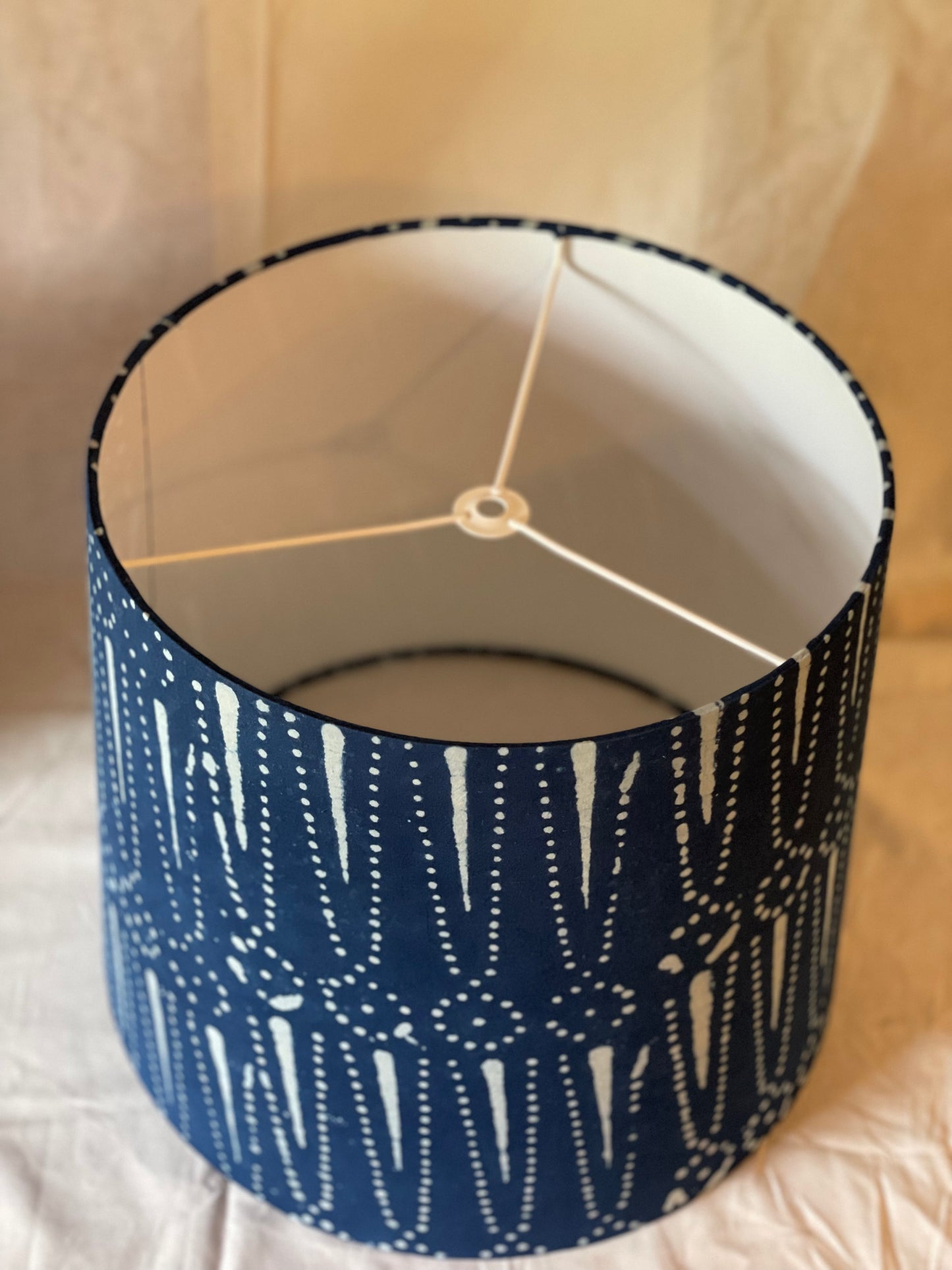 Large Empire Shade. 11.75 x 13.75 x 11.75. Indigo Hand Batik. Dot and Arrow Motif.