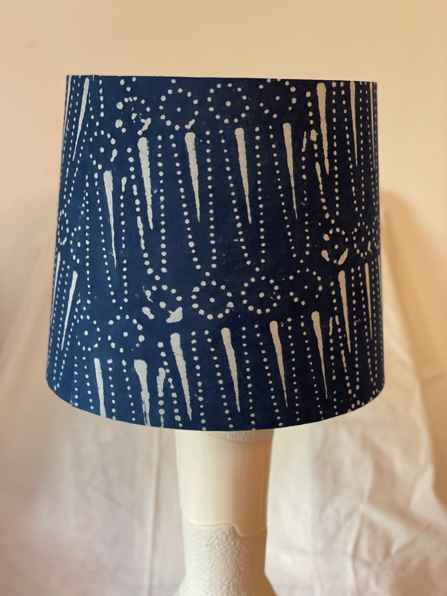 Large Empire Shade. 11.75 x 13.75 x 11.75. Indigo Hand Batik. Dot and Arrow Motif.