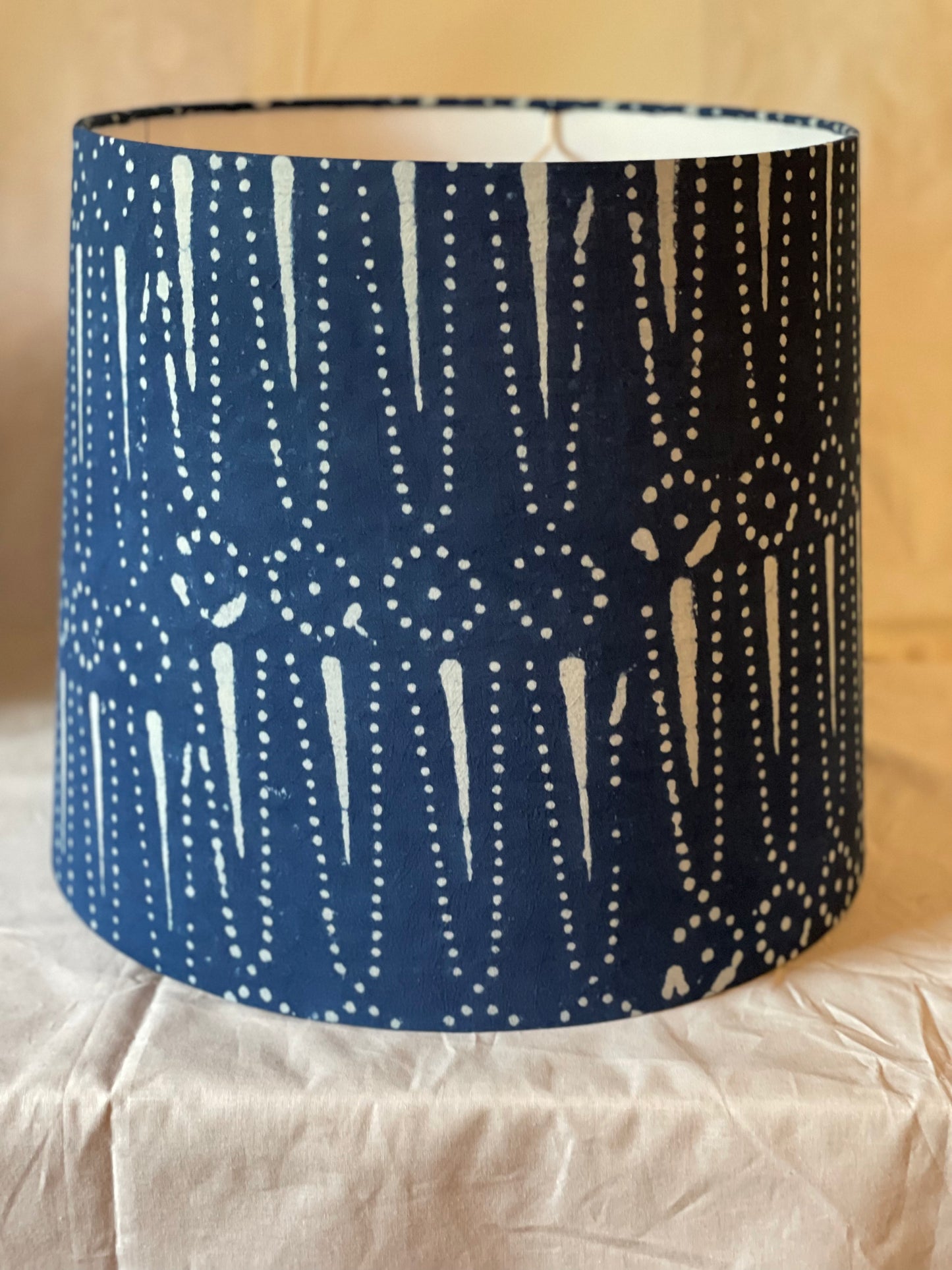 Large Empire Shade. 11.75 x 13.75 x 11.75. Indigo Hand Batik. Dot and Arrow Motif.