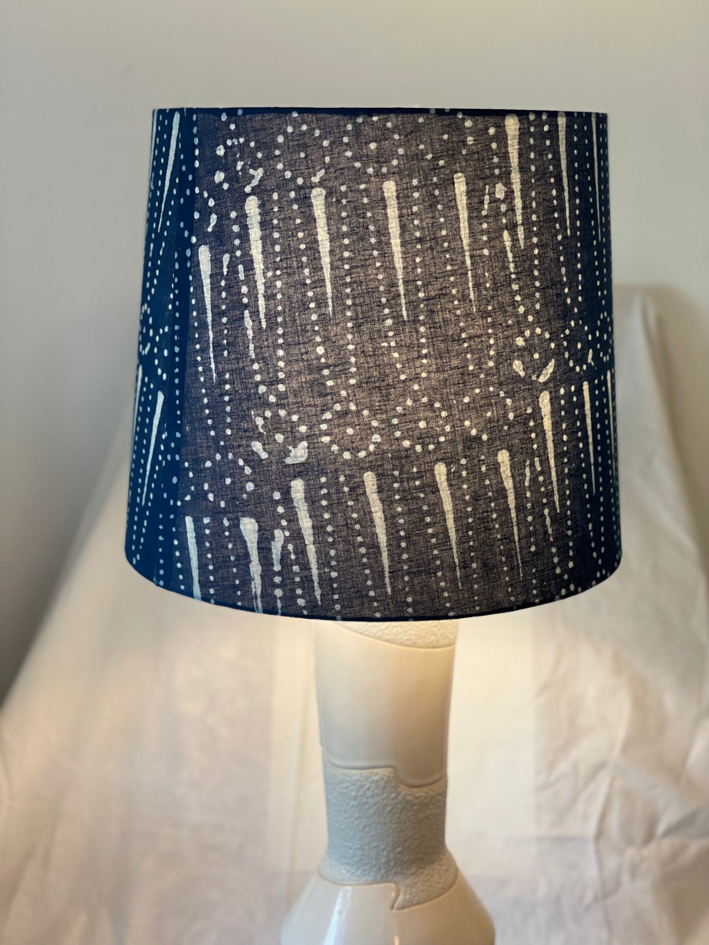 Large Empire Shade. 11.75 x 13.75 x 11.75. Indigo Hand Batik. Dot and Arrow Motif.