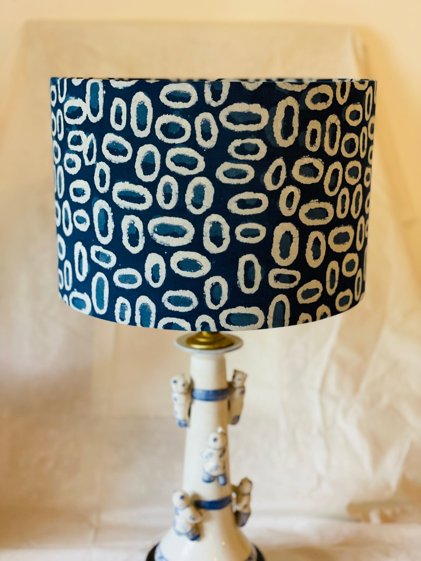 12 Inch Drum Lamphade. Indigo Hand Batik. Painterly Ovals.