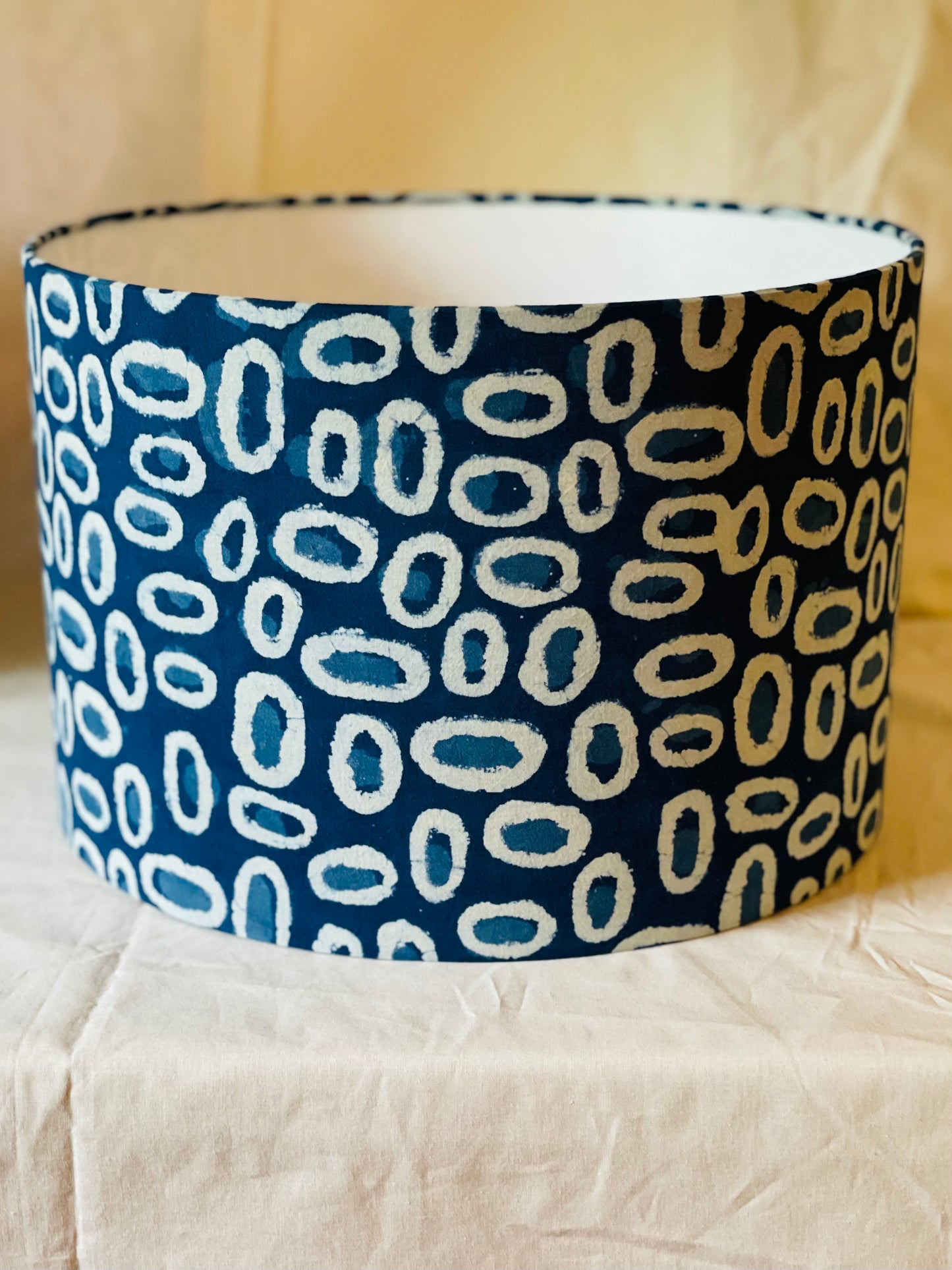 12 Inch Drum Lamphade. Indigo Hand Batik. Painterly Ovals.