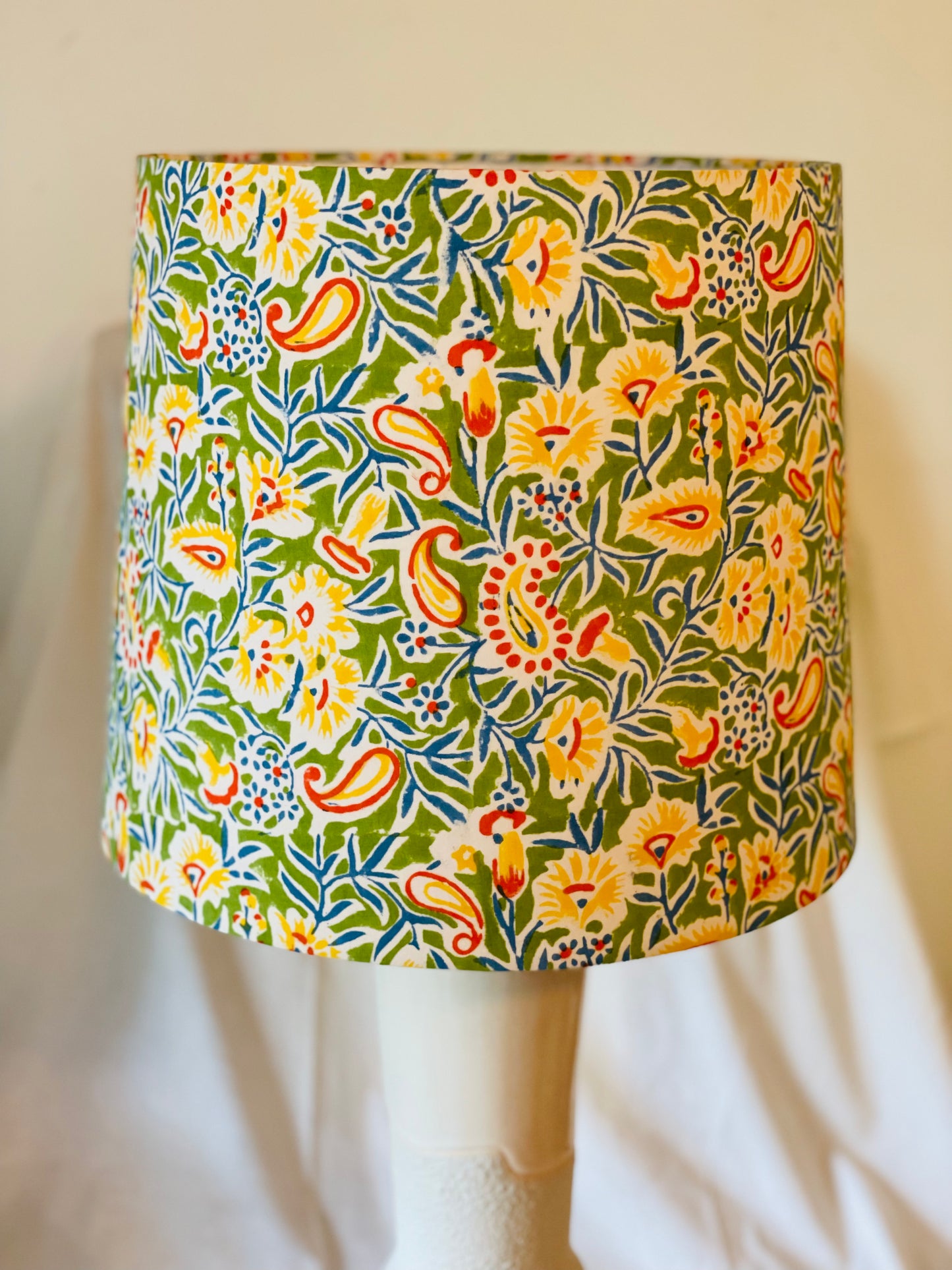 Large Empire Shade. 11.75 x 13.75 x 11.75. Indian Hand Block Print. Apple Green, Bright Yellow, Red and Steely Blue Floral.