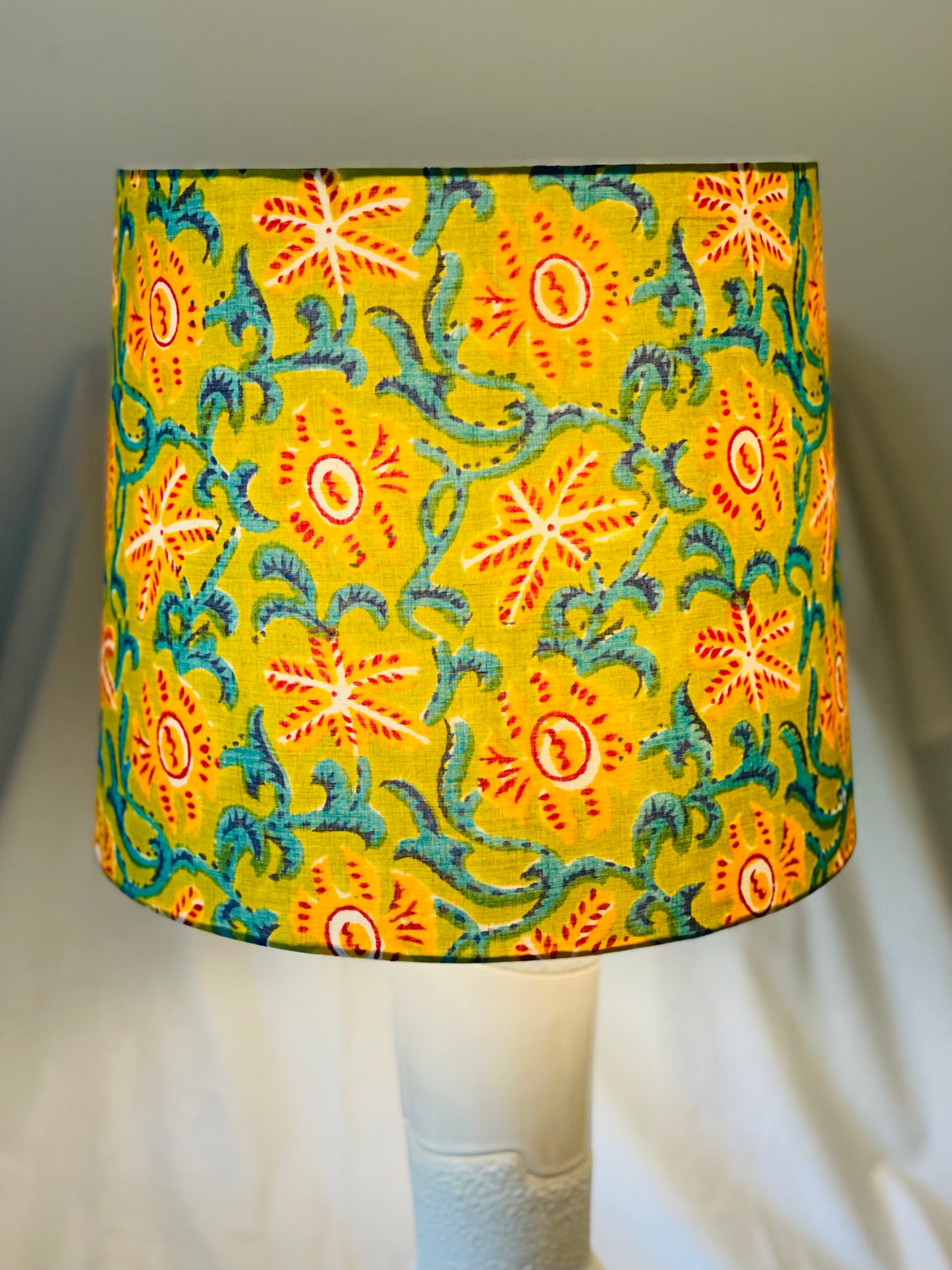 Large Empire Shade. 11.75 x 13.75 x 11.75. Indian Hand Block Print. Apple Green, Dark Cyan, Crimson, and Golden Poppy Starfish Motif.