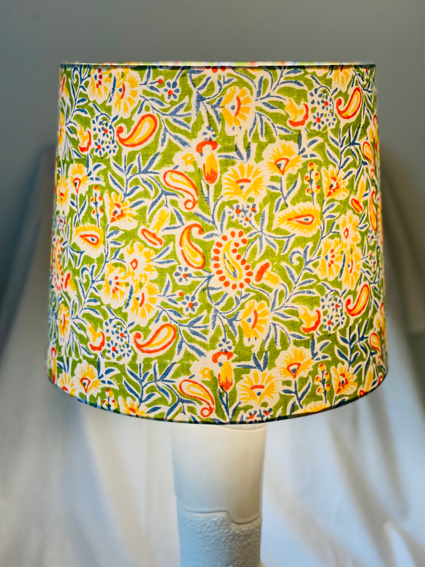 Large Empire Shade. 11.75 x 13.75 x 11.75. Indian Hand Block Print. Apple Green, Bright Yellow, Red and Steely Blue Floral.
