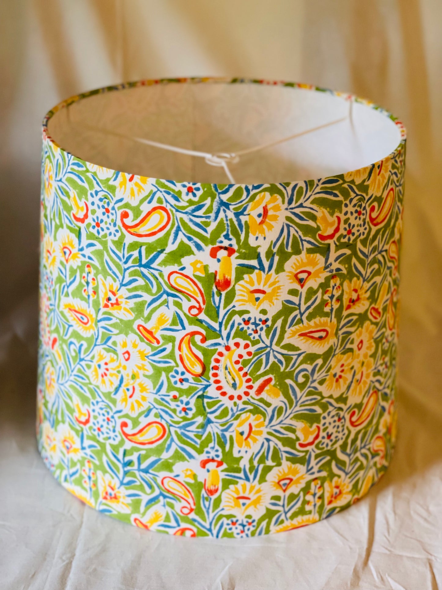 Large Empire Shade. 11.75 x 13.75 x 11.75. Indian Hand Block Print. Apple Green, Bright Yellow, Red and Steely Blue Floral.