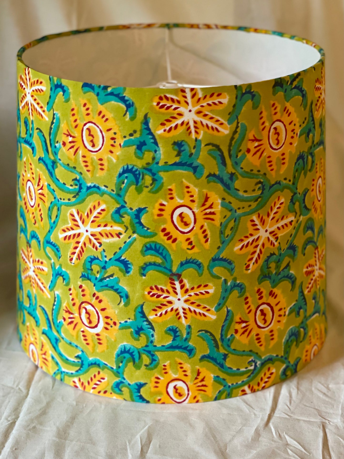 Large Empire Shade. 11.75 x 13.75 x 11.75. Indian Hand Block Print. Apple Green, Dark Cyan, Crimson, and Golden Poppy Starfish Motif.