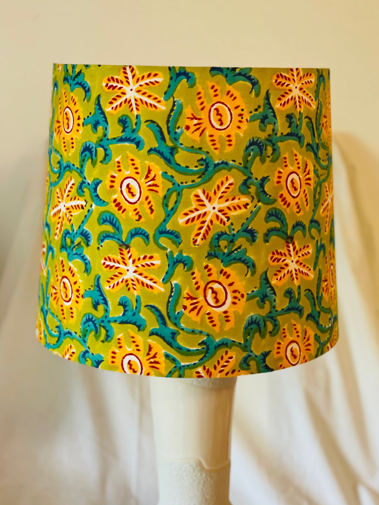 Large Empire Shade. 11.75 x 13.75 x 11.75. Indian Hand Block Print. Apple Green, Dark Cyan, Crimson, and Golden Poppy Starfish Motif.