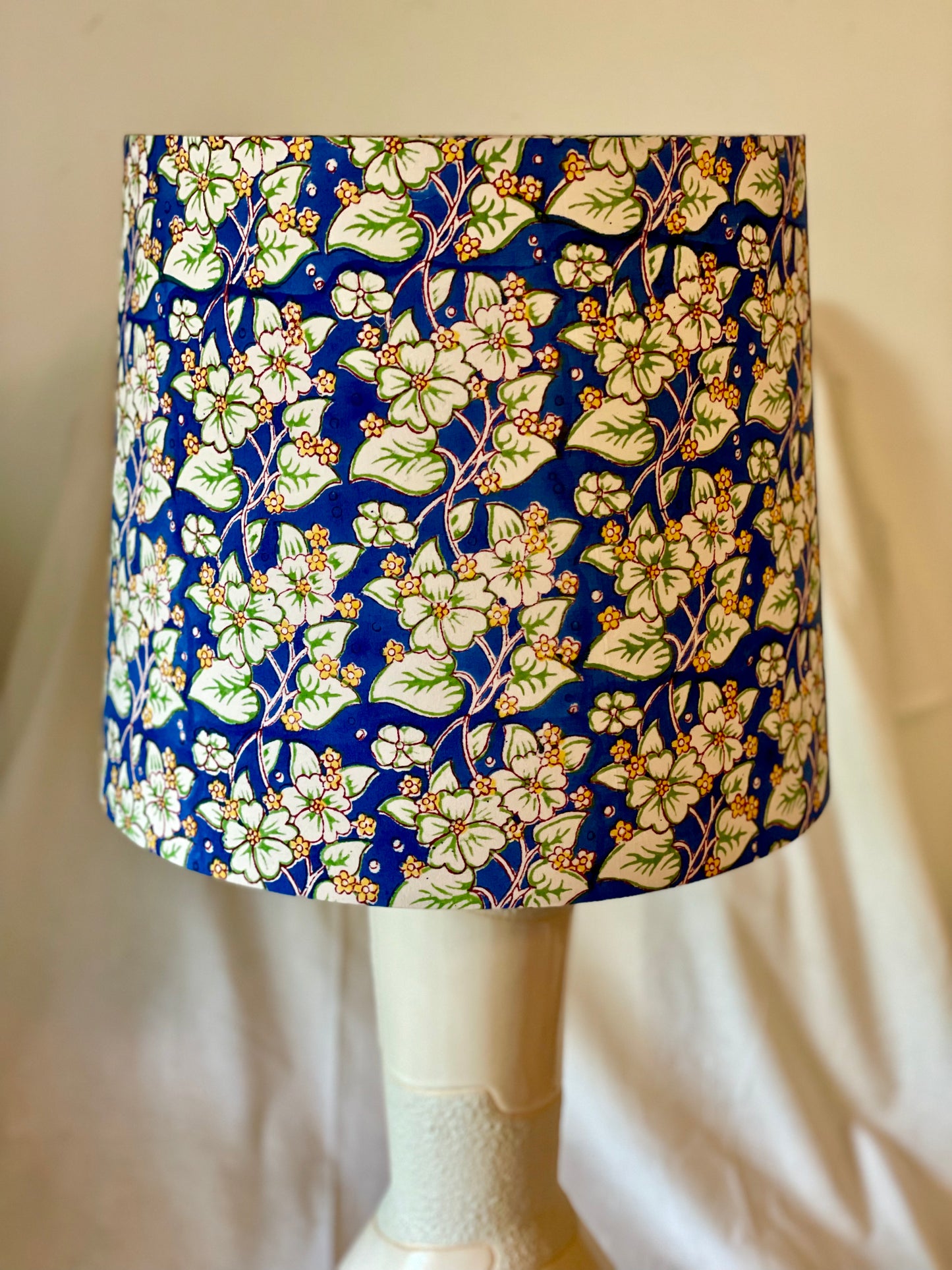 Large Empire Shade. 11.75 x 13.75 x 11.75. Indian Hand Block Print. Cobalt, Banana Yellow, and Ivory Floral.