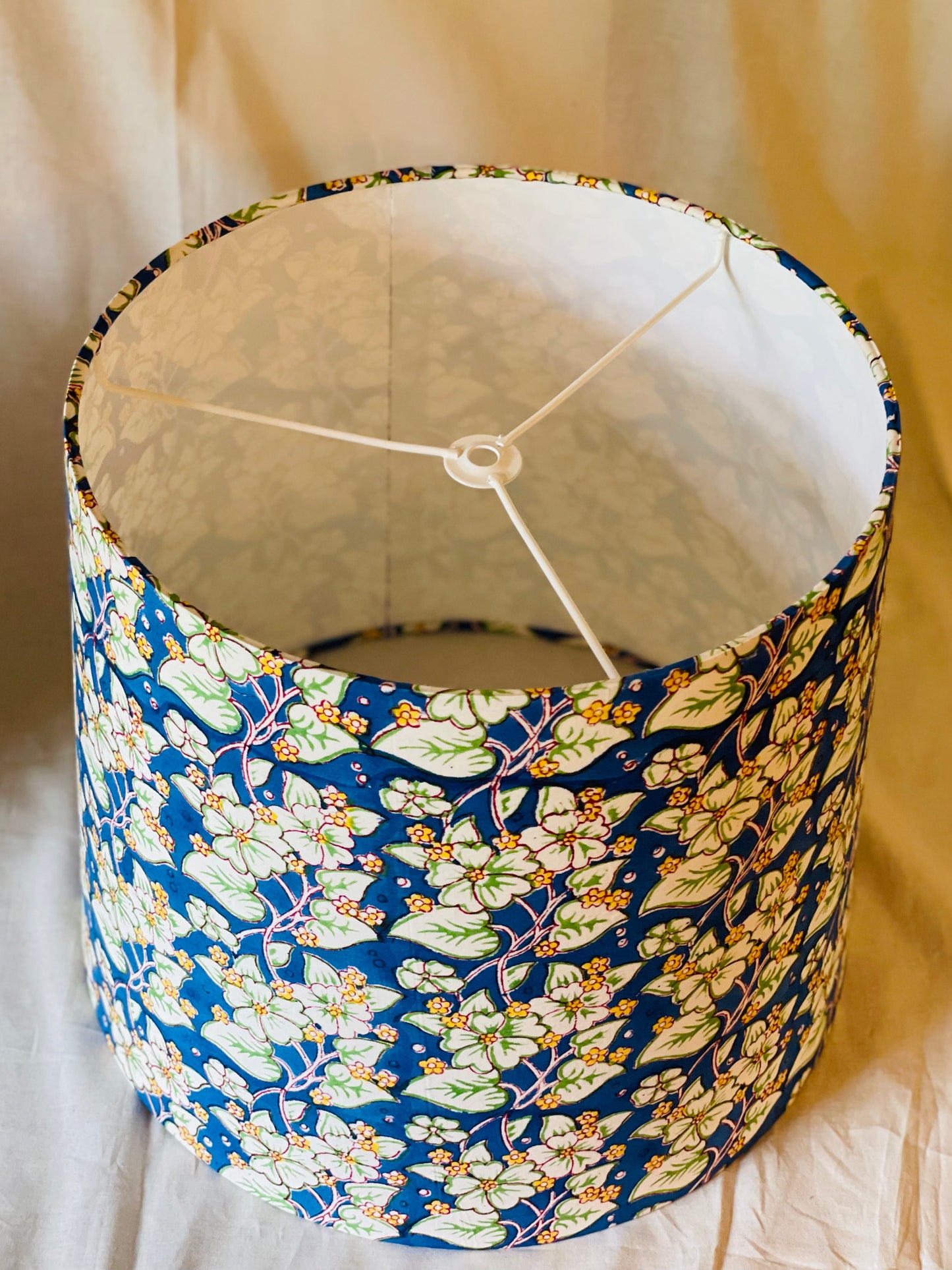 Large Empire Shade. 11.75 x 13.75 x 11.75. Indian Hand Block Print. Cobalt, Banana Yellow, and Ivory Floral.