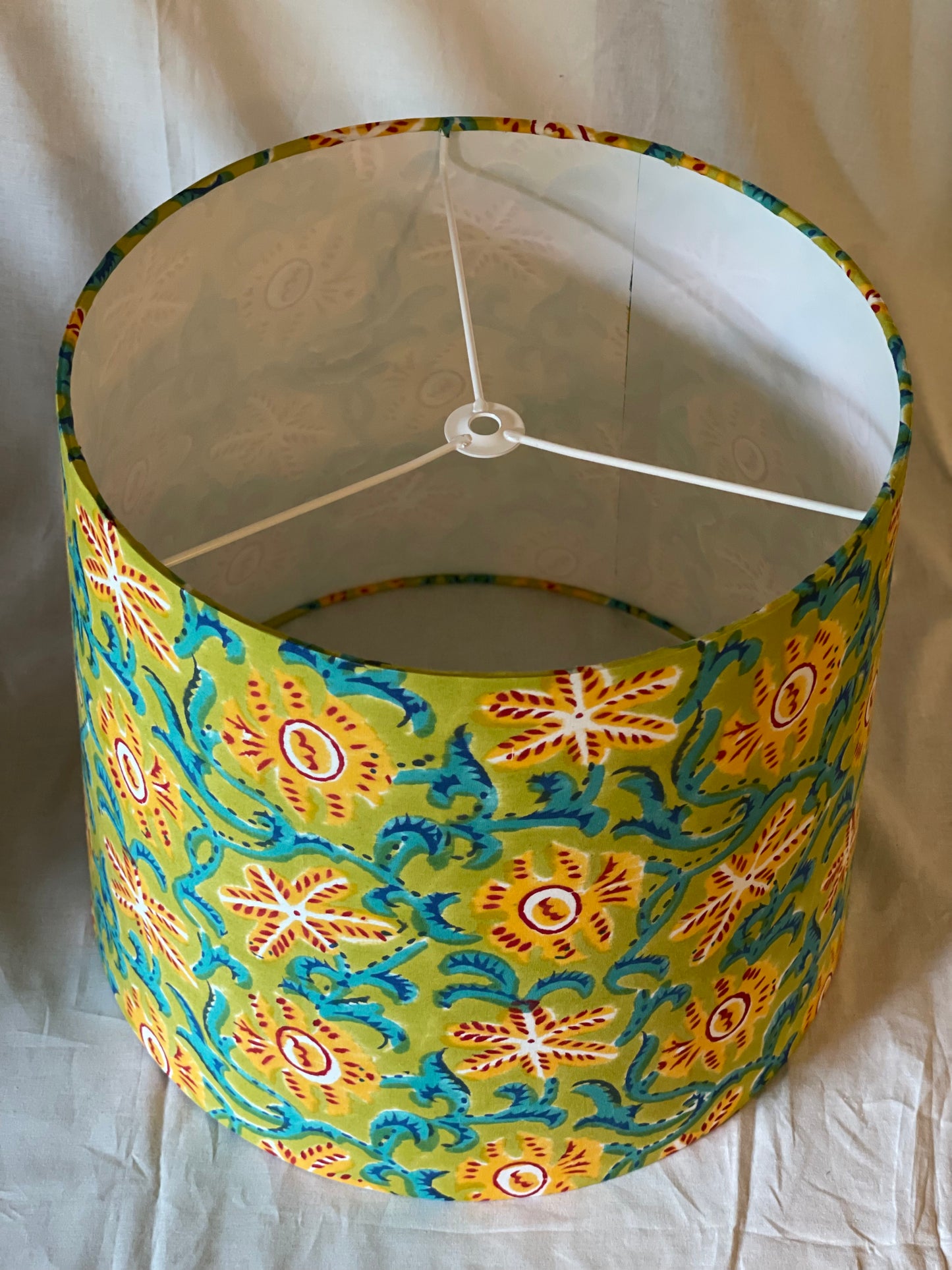 Large Empire Shade. 11.75 x 13.75 x 11.75. Indian Hand Block Print. Apple Green, Dark Cyan, Crimson, and Golden Poppy Starfish Motif.