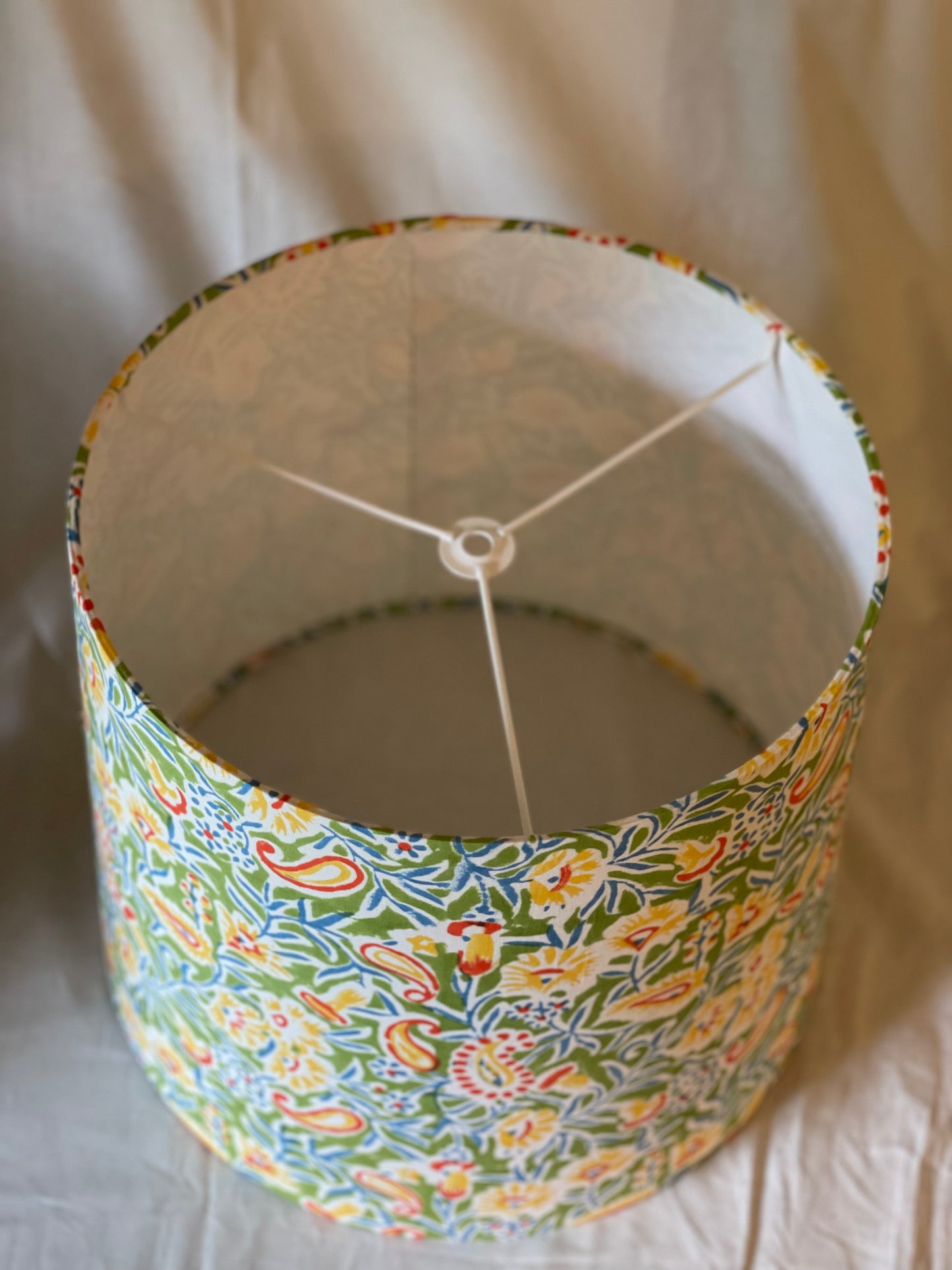 Large Empire Shade. 11.75 x 13.75 x 11.75. Indian Hand Block Print. Apple Green, Bright Yellow, Red and Steely Blue Floral.