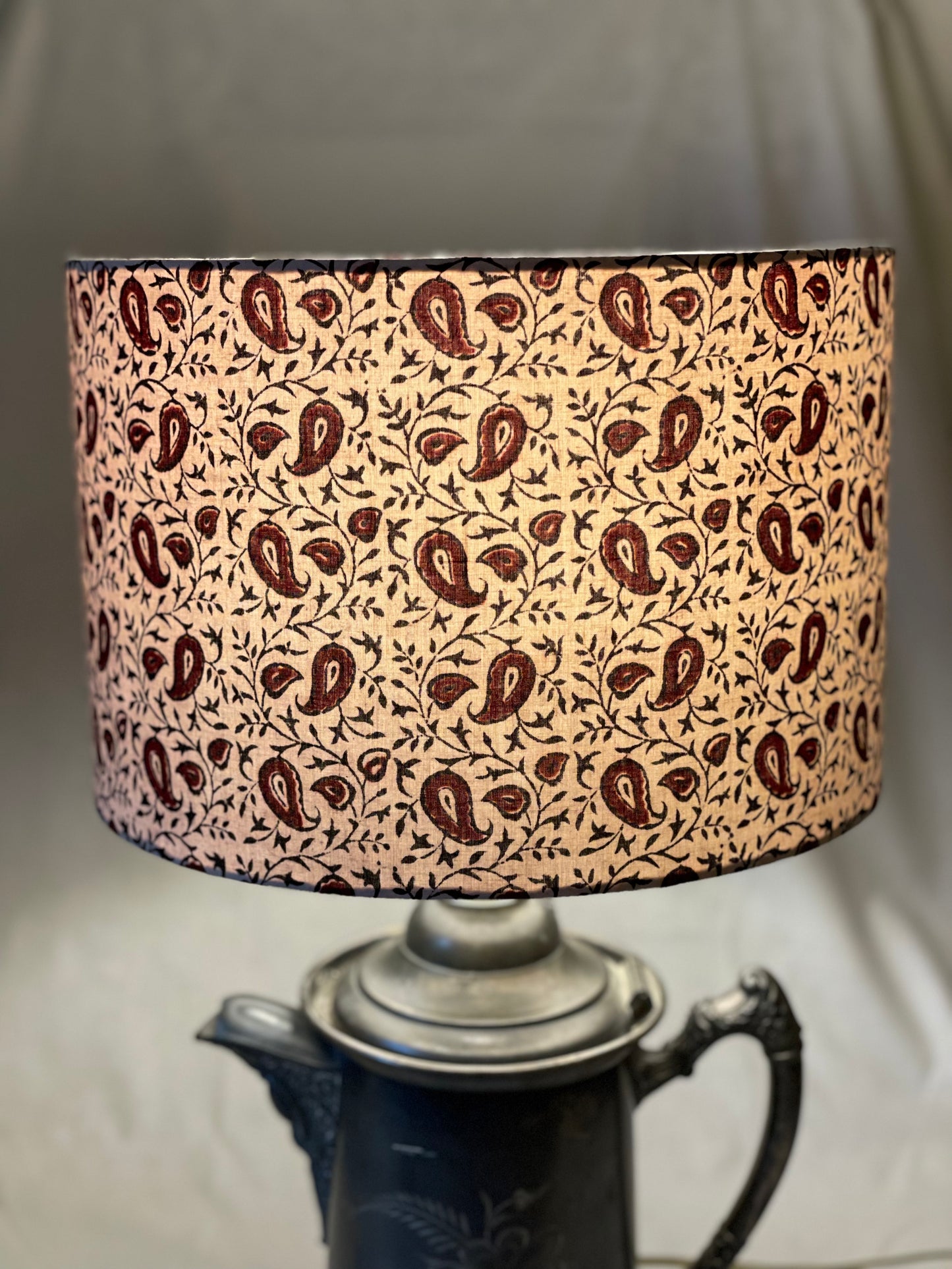 12 Inch Drum Lampshade. Indian Block Print from Bagh. Maroon and Licorice Paisley Pattern on Ivory.