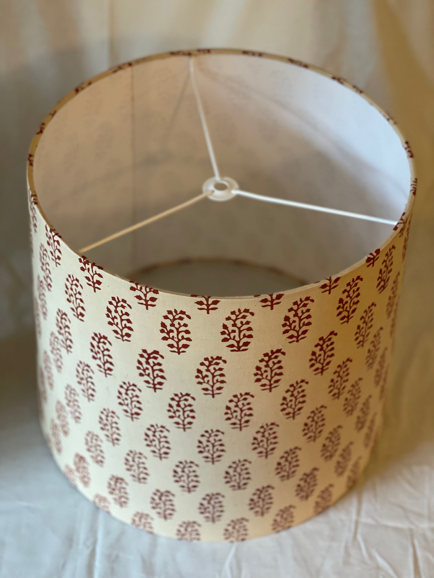 Large Empire Shade. 11.75 x 13.75 x 11.75. Indian Block Print from Jaipur. Maroon Motif on Ecru.