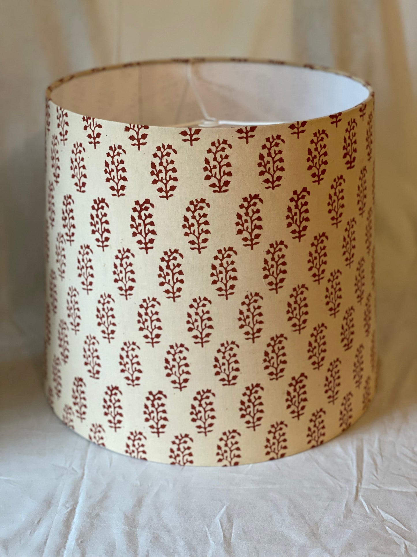 Large Empire Shade. 11.75 x 13.75 x 11.75. Indian Block Print from Jaipur. Maroon Motif on Ecru.