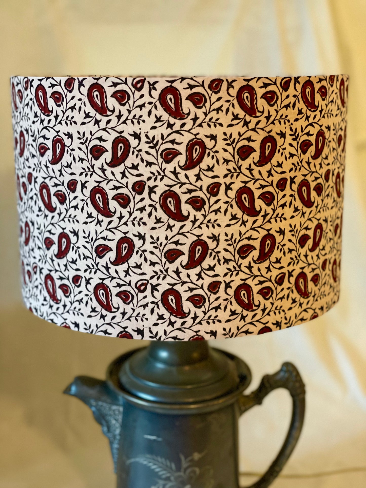 12 Inch Drum Lampshade. Indian Block Print from Bagh. Maroon and Licorice Paisley Pattern on Ivory.