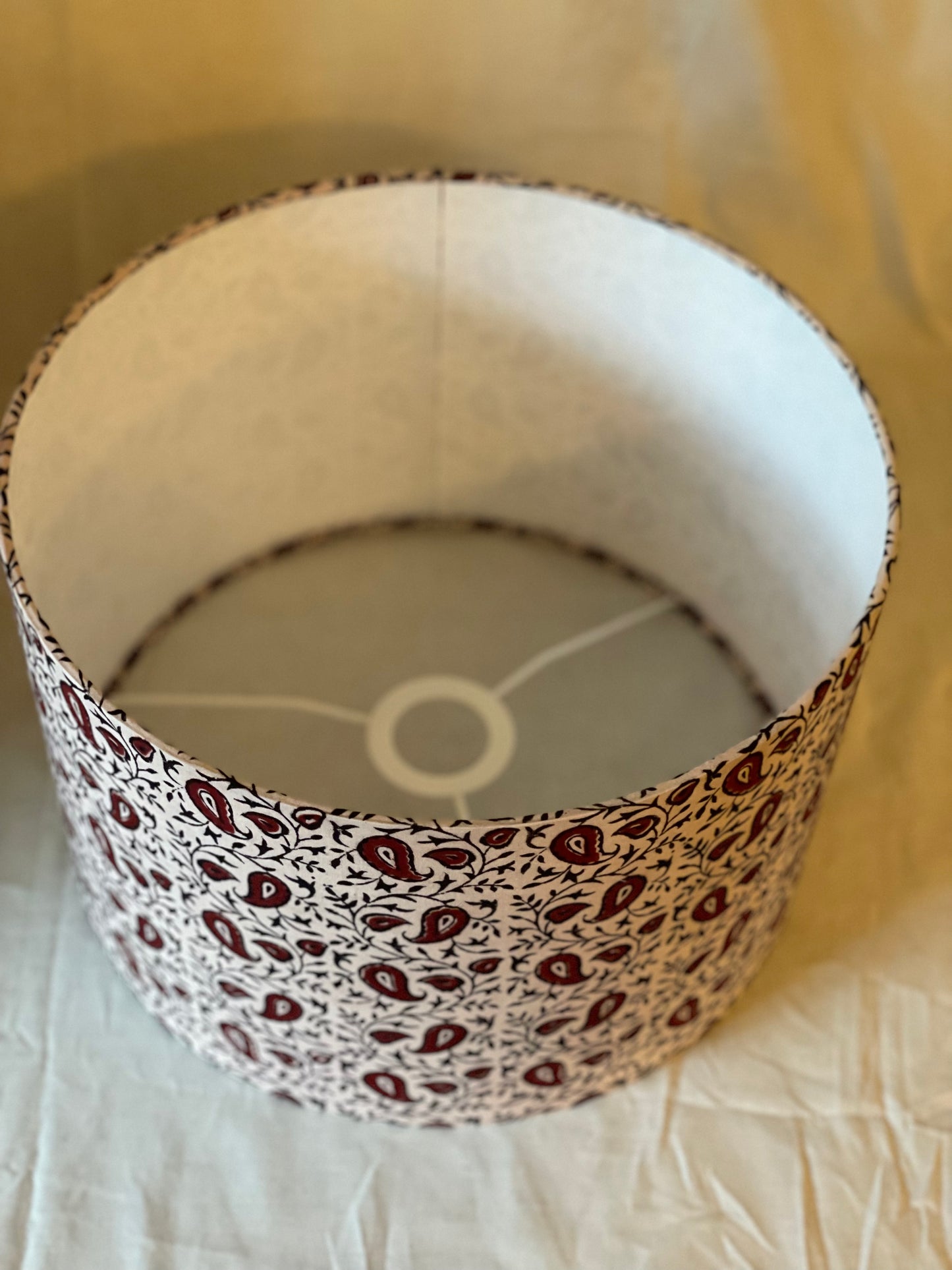 12 Inch Drum Lampshade. Indian Block Print from Bagh. Maroon and Licorice Paisley Pattern on Ivory.