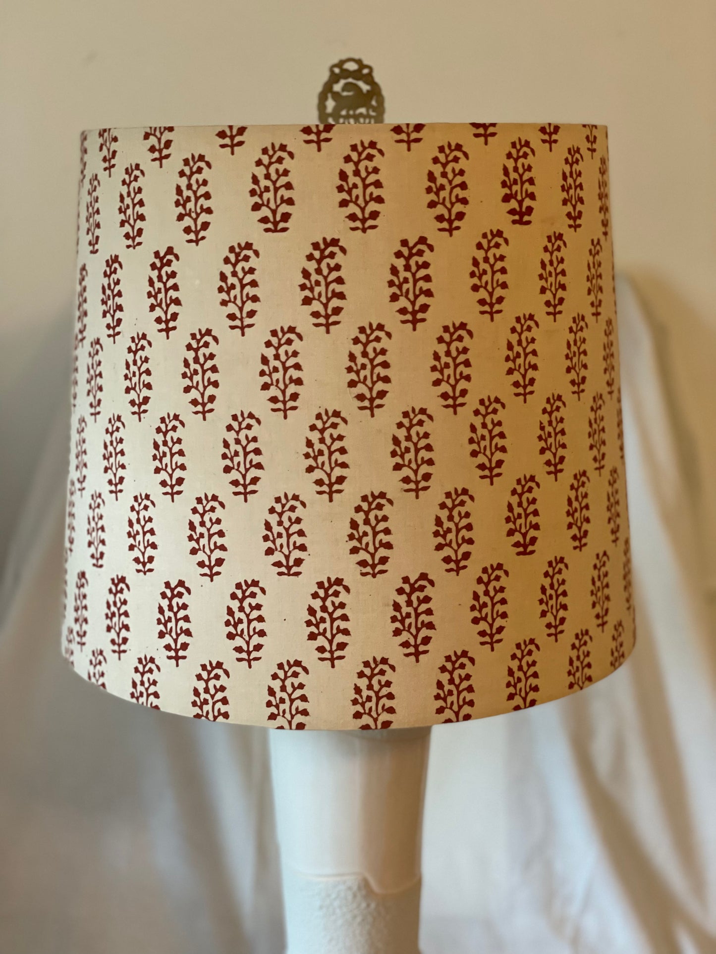 Large Empire Shade. 11.75 x 13.75 x 11.75. Indian Block Print from Jaipur. Maroon Motif on Ecru.