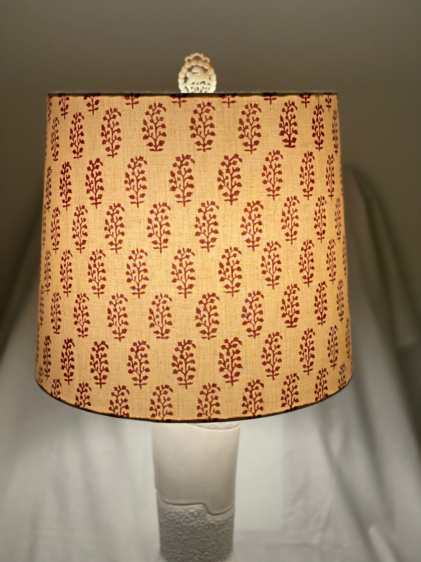 Large Empire Shade. 11.75 x 13.75 x 11.75. Indian Block Print from Jaipur. Maroon Motif on Ecru.