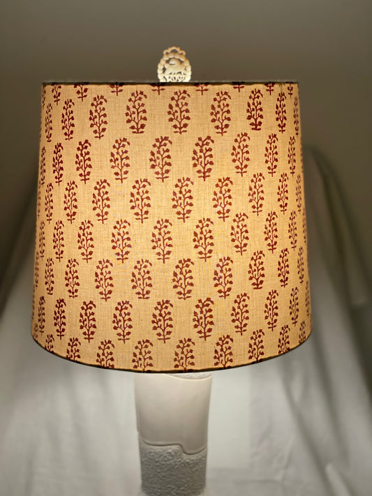 Large Empire Shade. 11.75 x 13.75 x 11.75. Indian Block Print from Jaipur. Maroon Motif on Ecru.