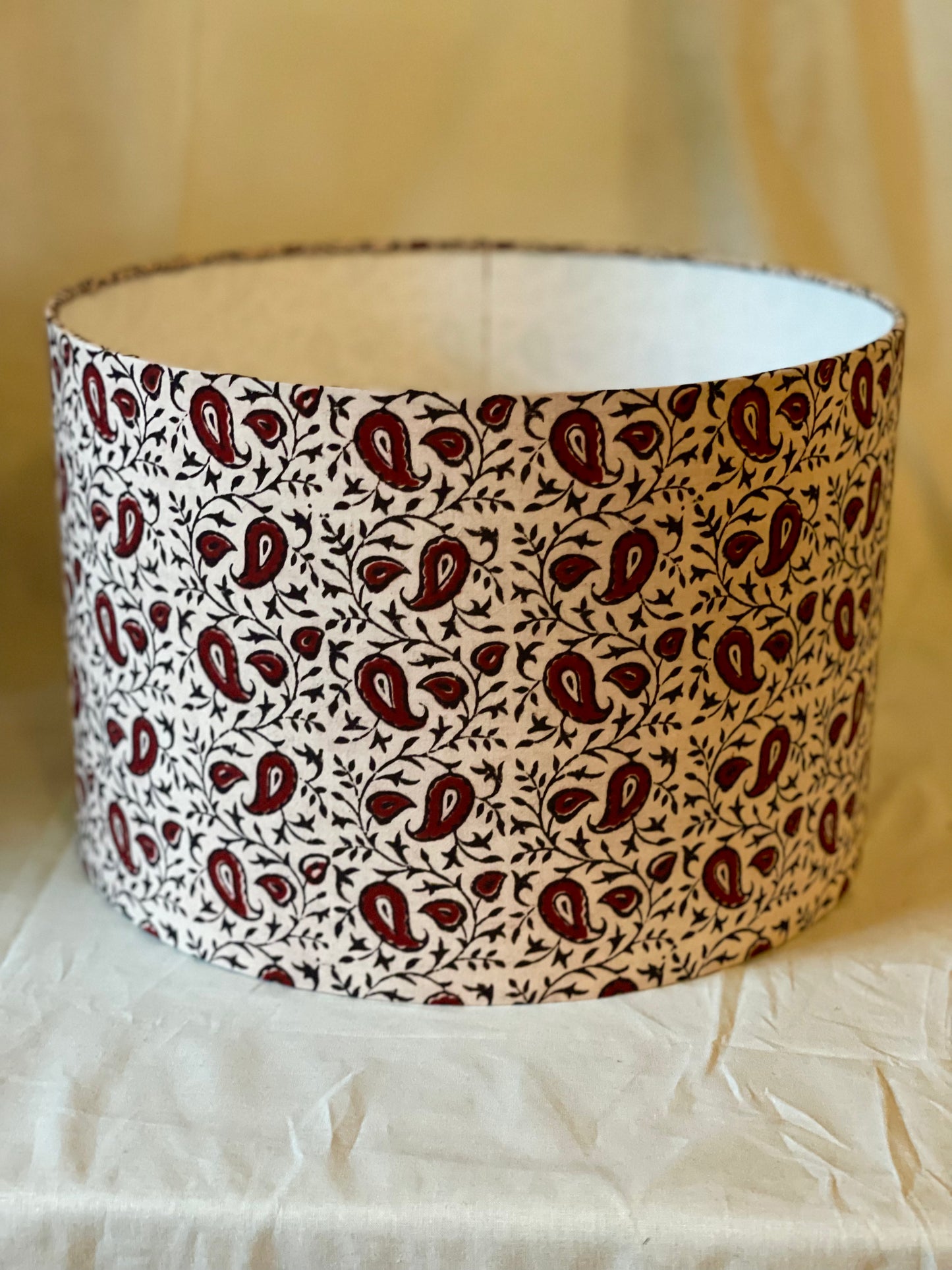 12 Inch Drum Lampshade. Indian Block Print from Bagh. Maroon and Licorice Paisley Pattern on Ivory.