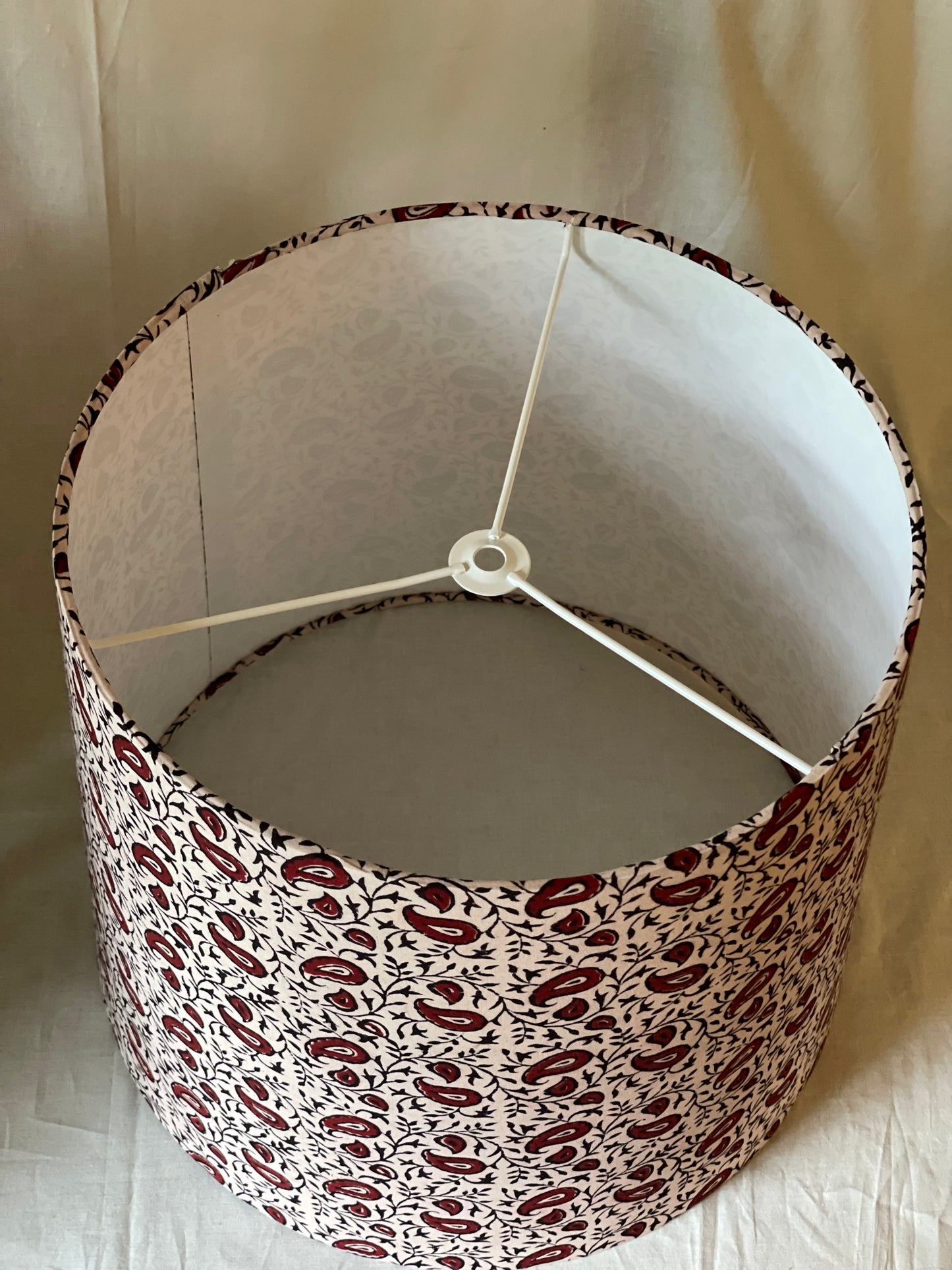 Large Empire Shade. 11.75 x 13.75 x 11.75. Indian Block Print from Bagh. Maroon and Licorice Paisley Pattern on Ivory.