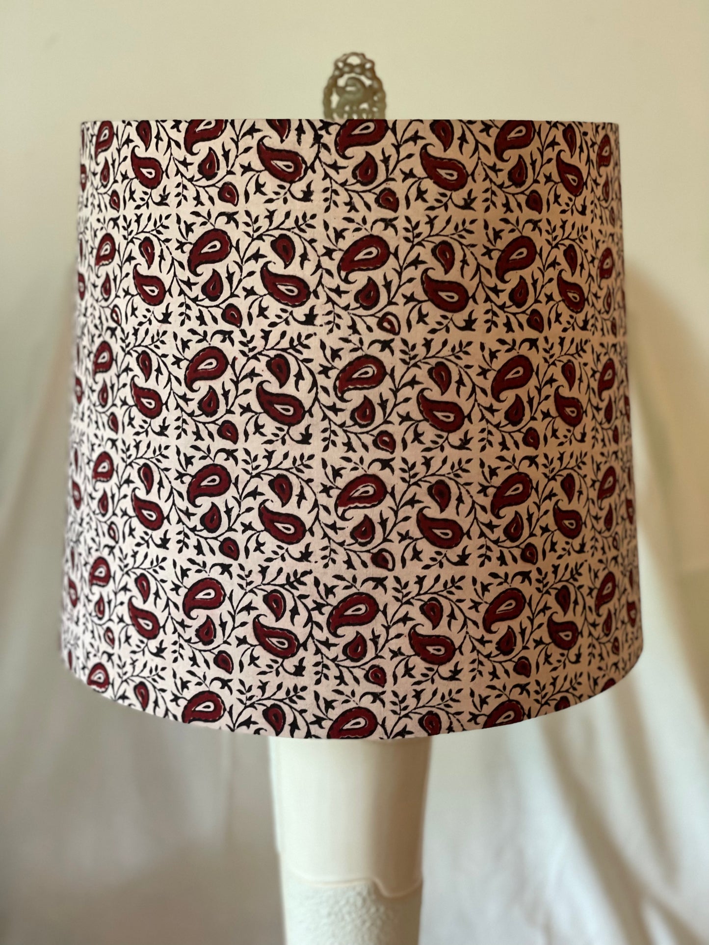 Large Empire Shade. 11.75 x 13.75 x 11.75. Indian Block Print from Bagh. Maroon and Licorice Paisley Pattern on Ivory.