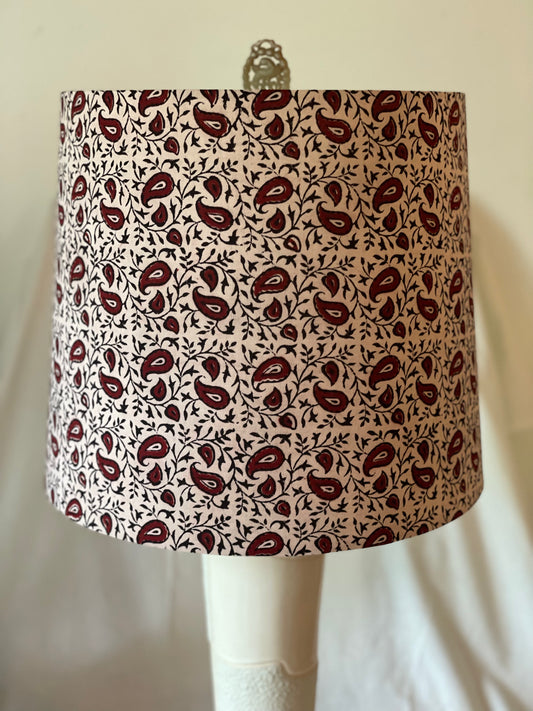Large Empire Shade. 11.75 x 13.75 x 11.75. Indian Block Print from Bagh. Maroon and Licorice Paisley Pattern on Ivory.