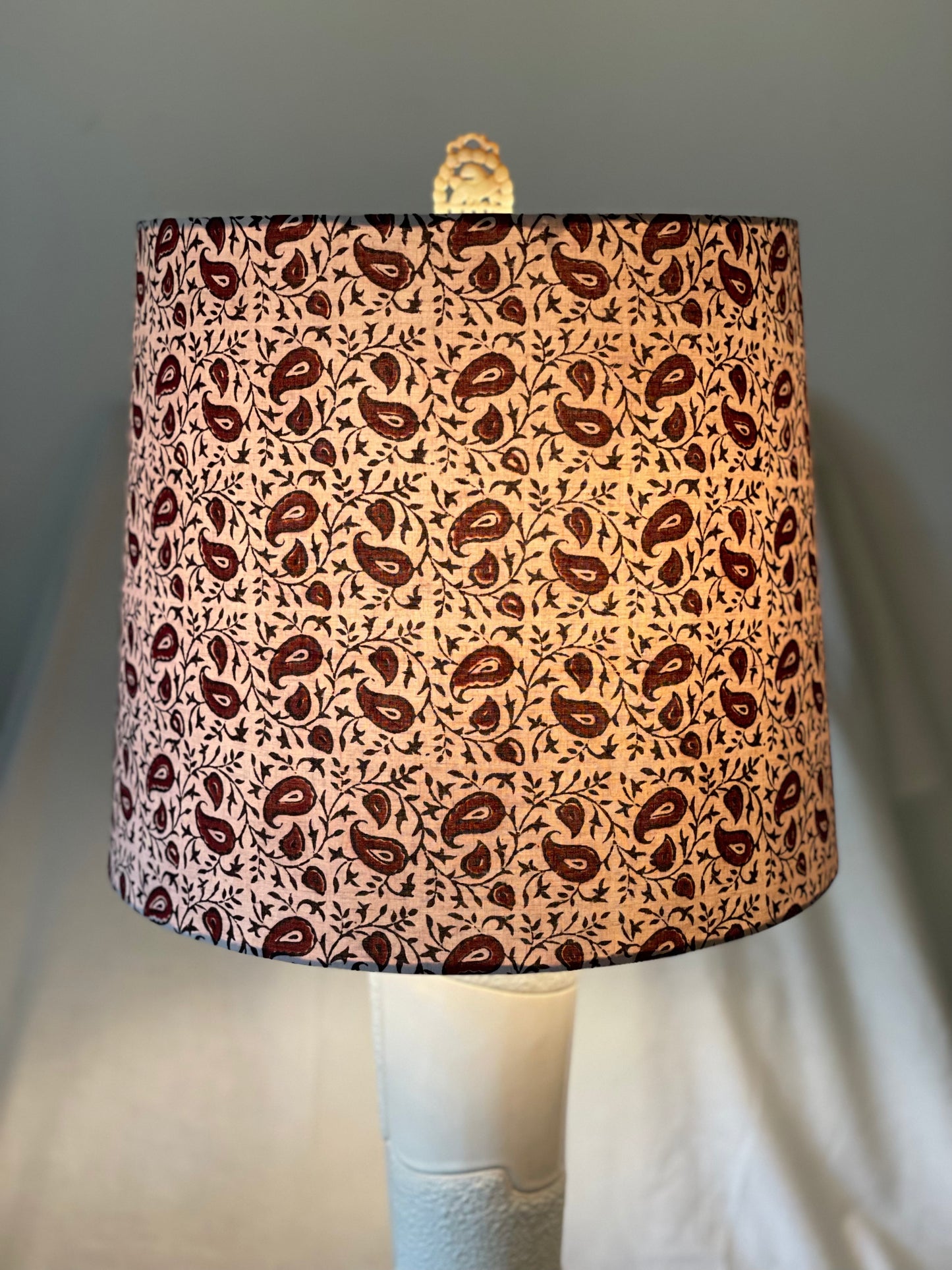 Large Empire Shade. 11.75 x 13.75 x 11.75. Indian Block Print from Bagh. Maroon and Licorice Paisley Pattern on Ivory.