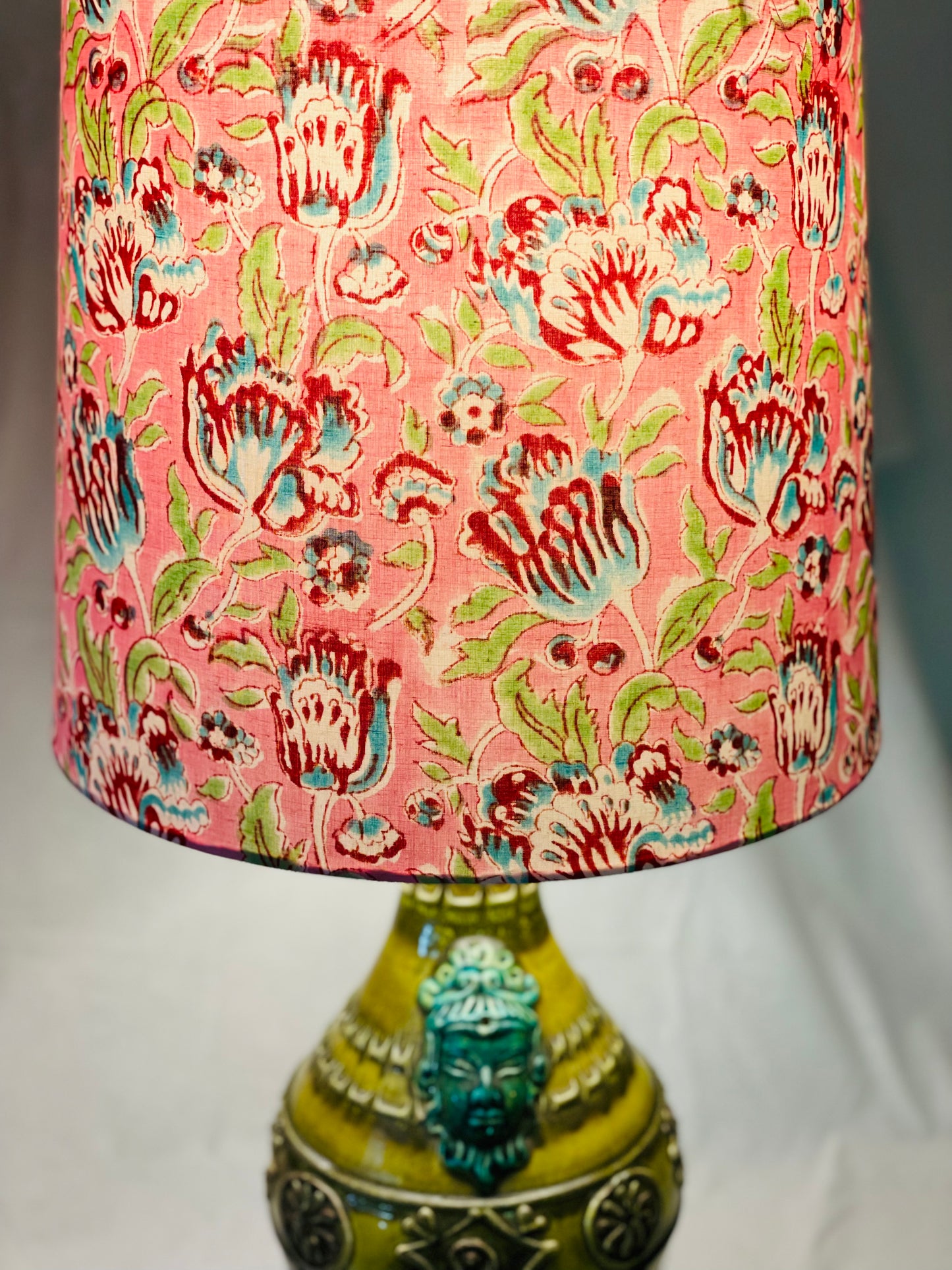 Large Empire Shade. 11.75 x 13.75 x 11.75. Sanganeri Indian Block Print. Light Coral, Deep Rose, Turquoise, and Sea Green.