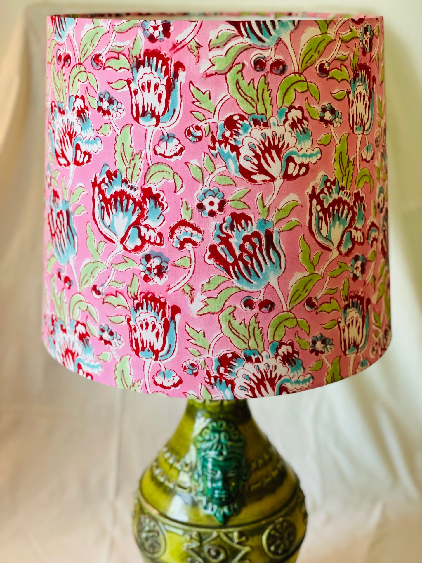 Large Empire Shade. 11.75 x 13.75 x 11.75. Sanganeri Indian Block Print. Light Coral, Deep Rose, Turquoise, and Sea Green.