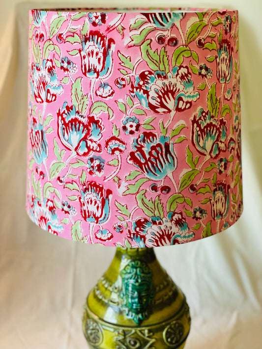 Large Empire Shade. 11.75 x 13.75 x 11.75. Sanganeri Indian Block Print. Light Coral, Deep Rose, Turquoise, and Sea Green.