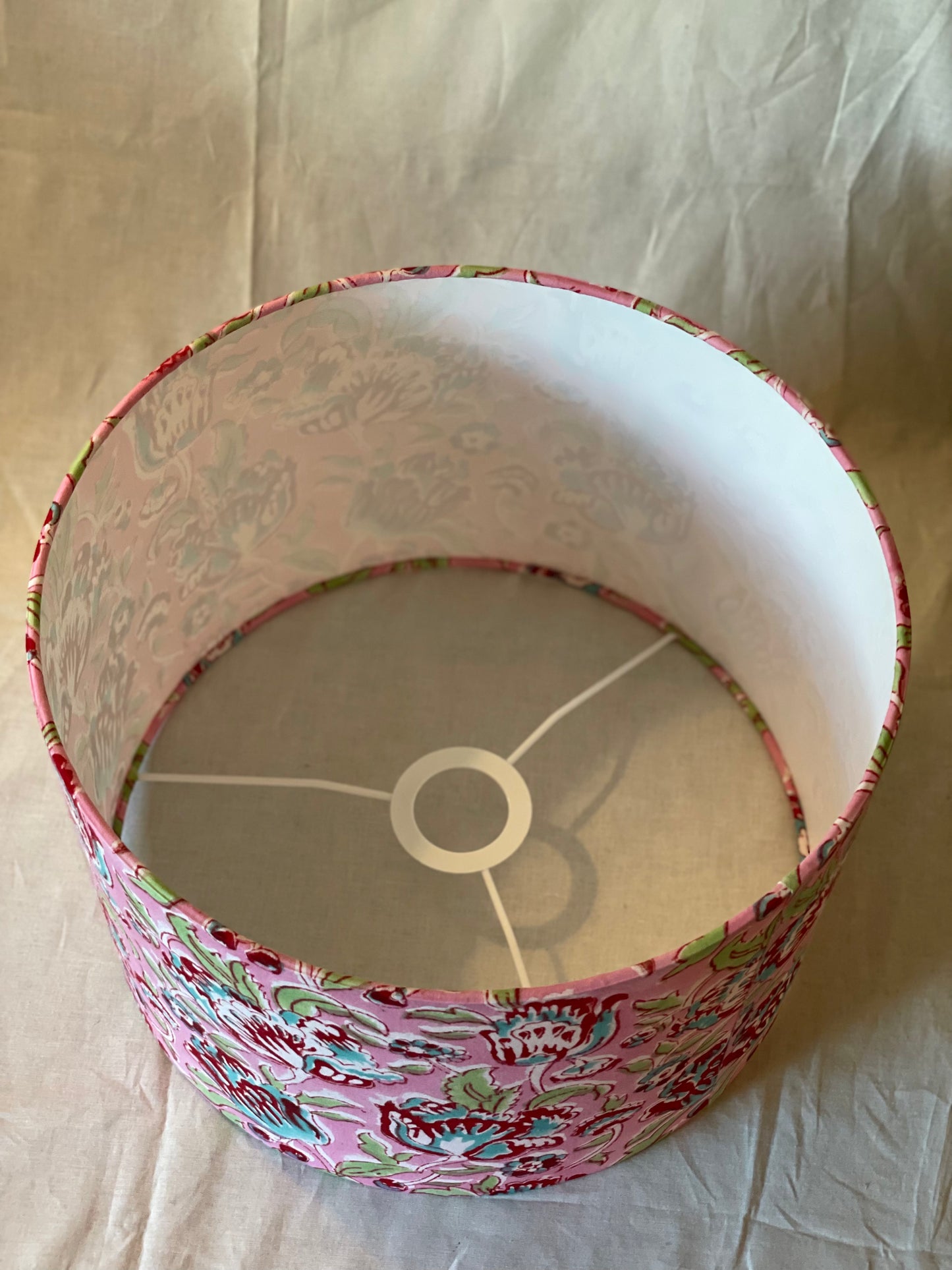 12 Inch Drum Lampshade. Sanganeri Indian Block Print. Light Coral, Deep Rose, Turquoise, and Sea Green.