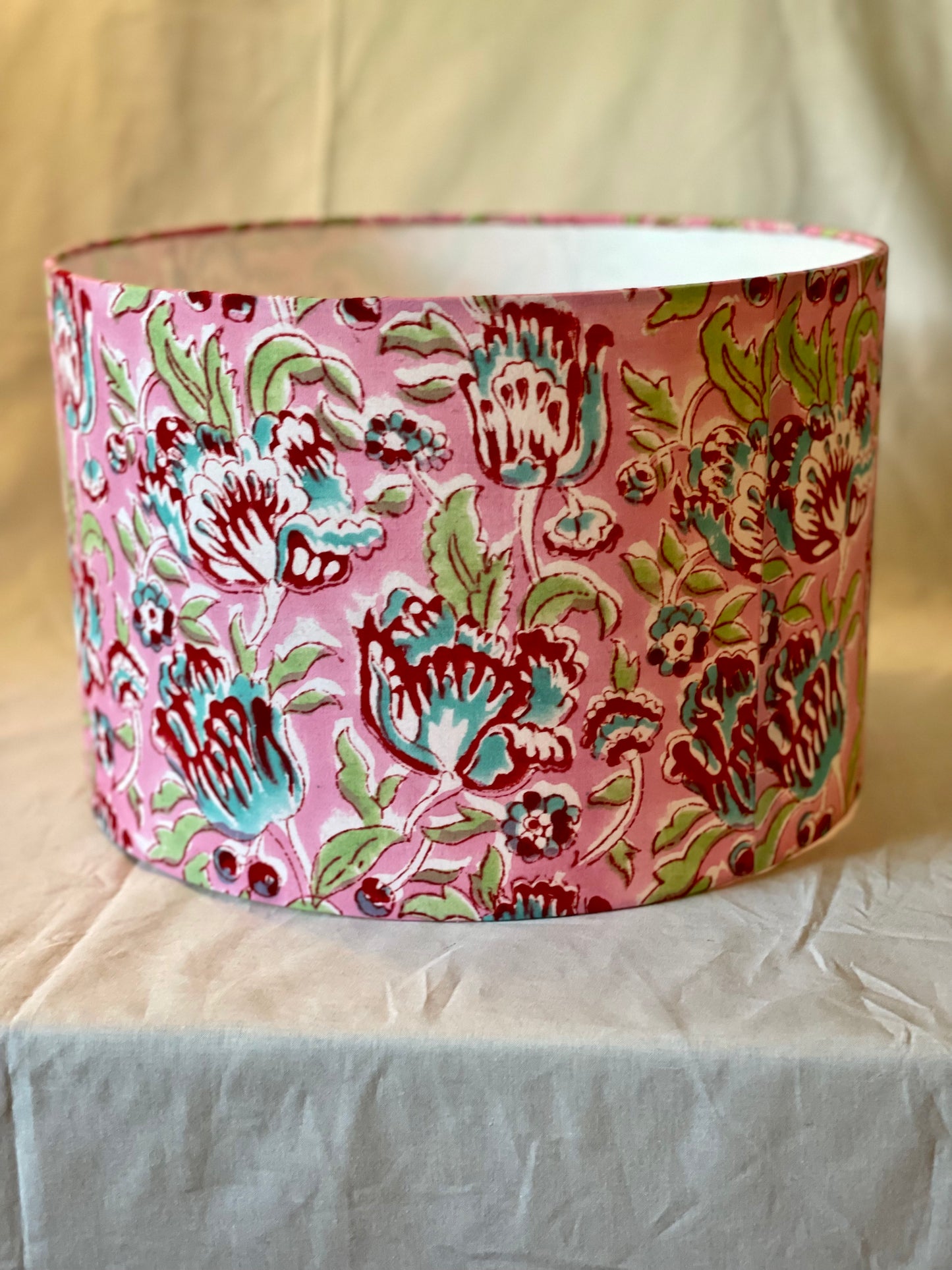 12 Inch Drum Lampshade. Sanganeri Indian Block Print. Light Coral, Deep Rose, Turquoise, and Sea Green.