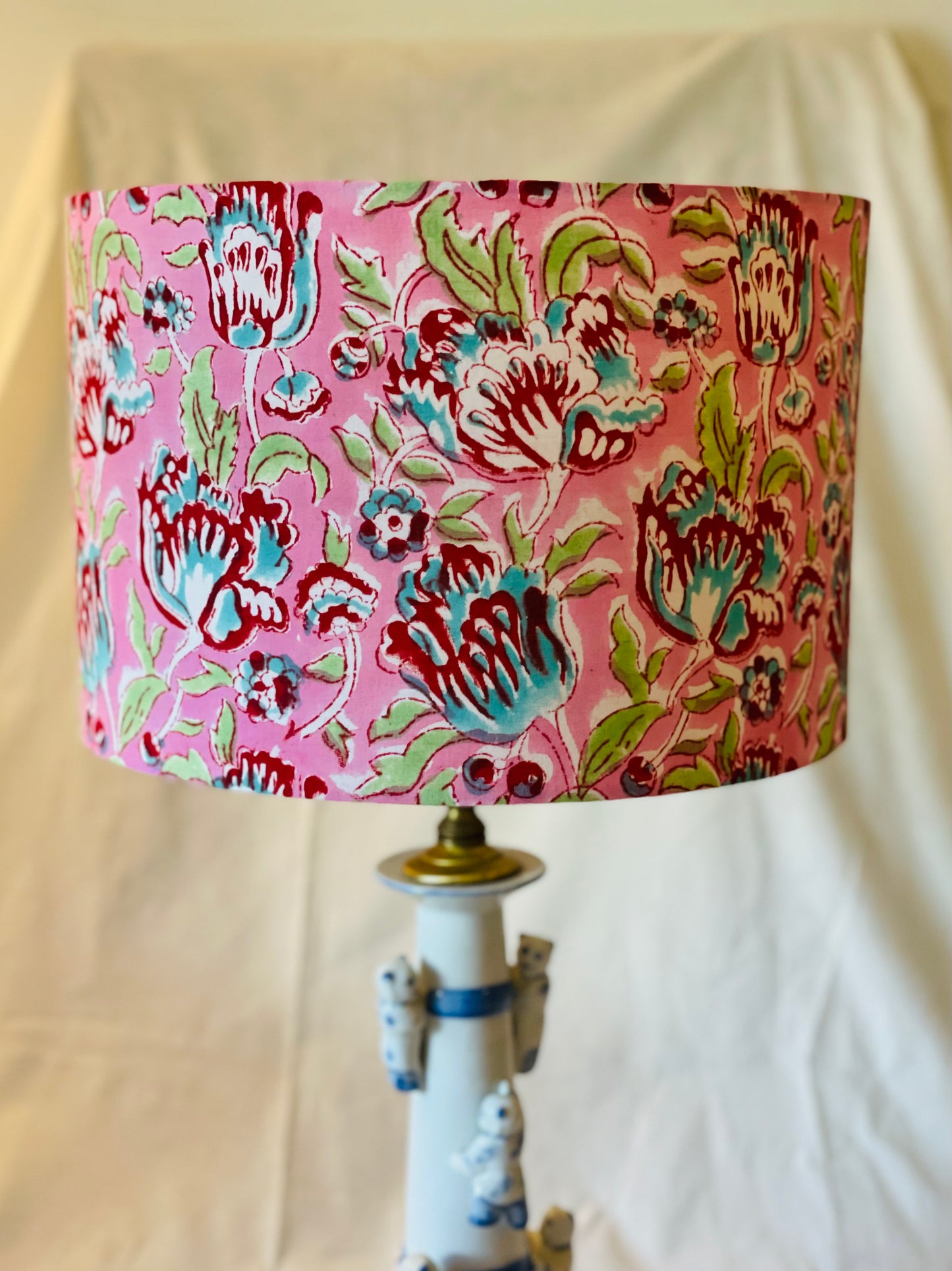 12 Inch Drum Lampshade. Sanganeri Indian Block Print. Light Coral, Deep Rose, Turquoise, and Sea Green.