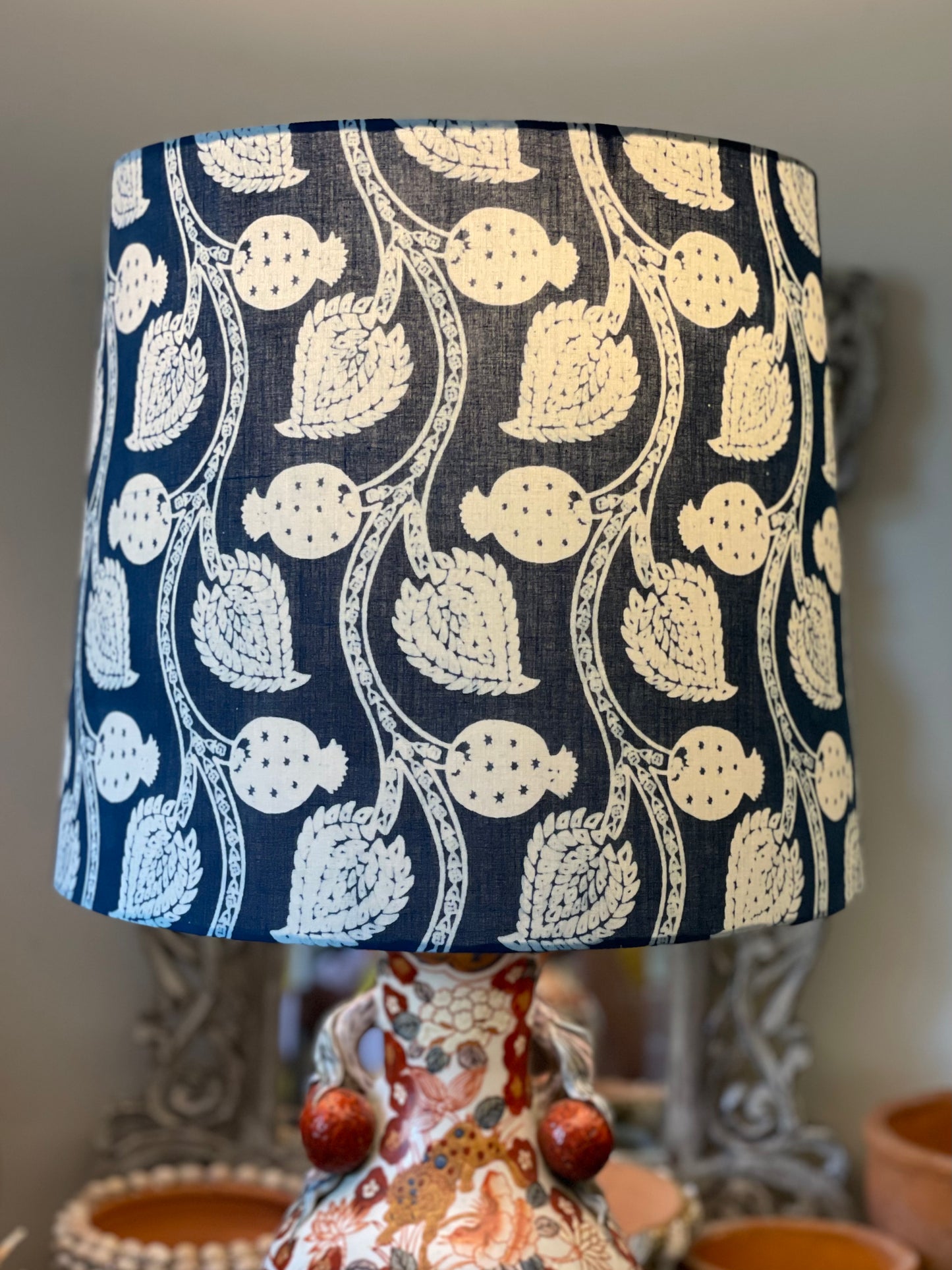 Large Empire Shade. 11.75 x 13.75 x 11.75. Indian Hand Resist Fabric. Indigo and White.