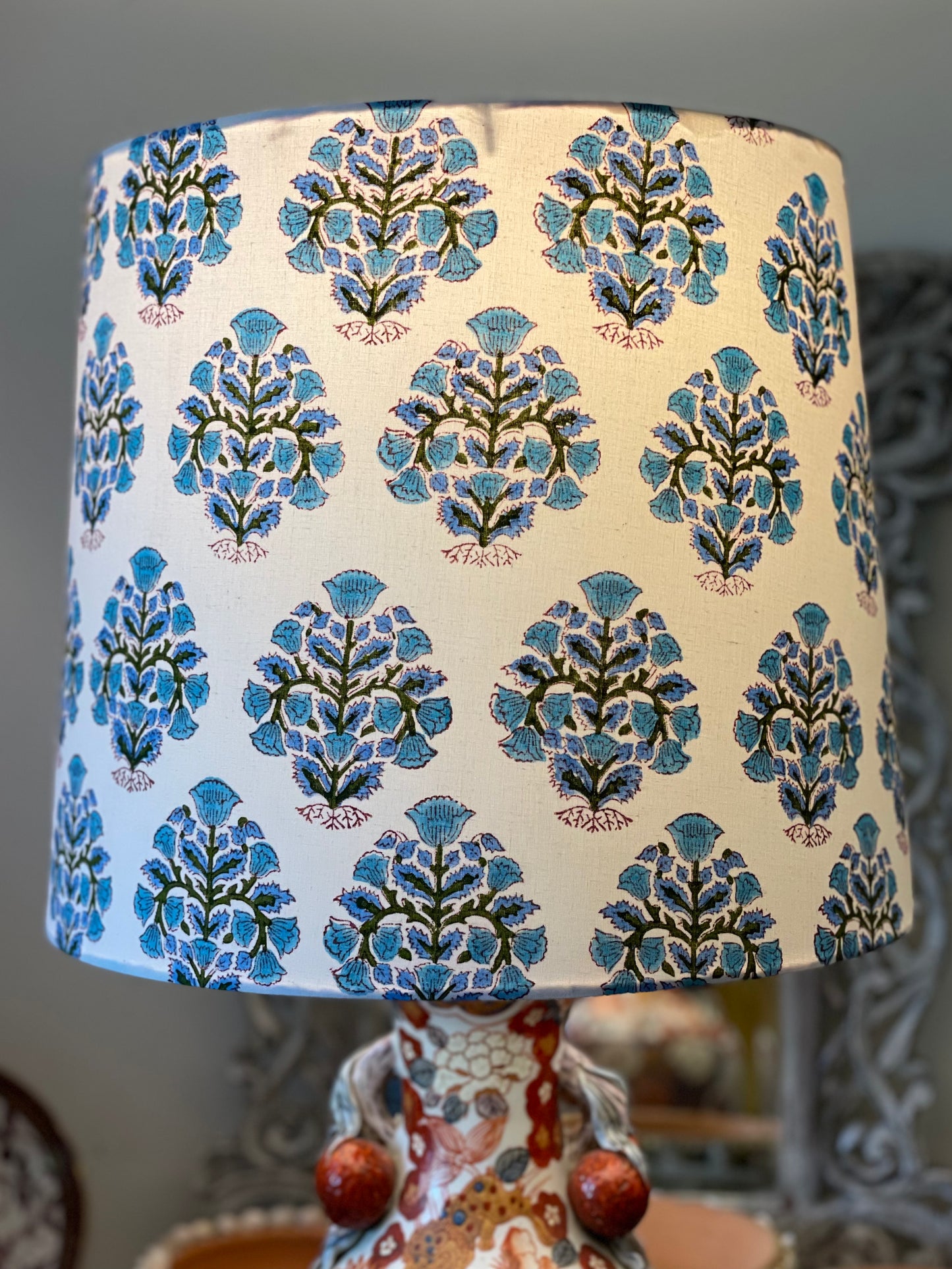Large Empire Shade. 11.75 x 13.75 x 11.75. Indian Hand Block Print. Faded Lapis, Teal, and Deep Olive on Ivory.
